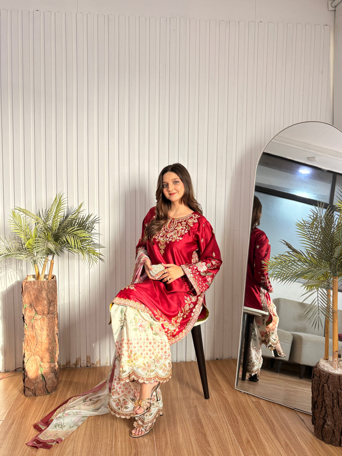 Crimson blossom silk embellished