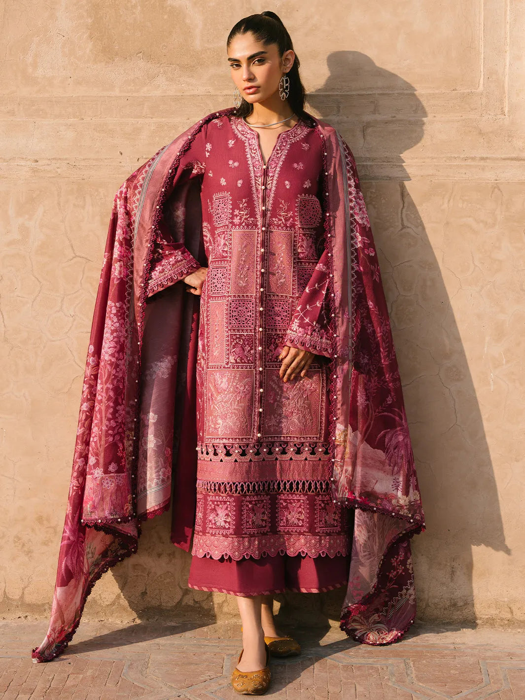 BIN ILYAS BURGENDY LAWN - Embelish