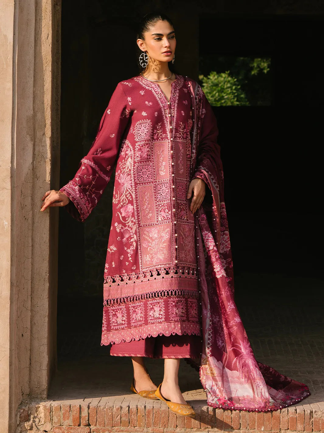 BIN ILYAS BURGENDY LAWN - Embelish