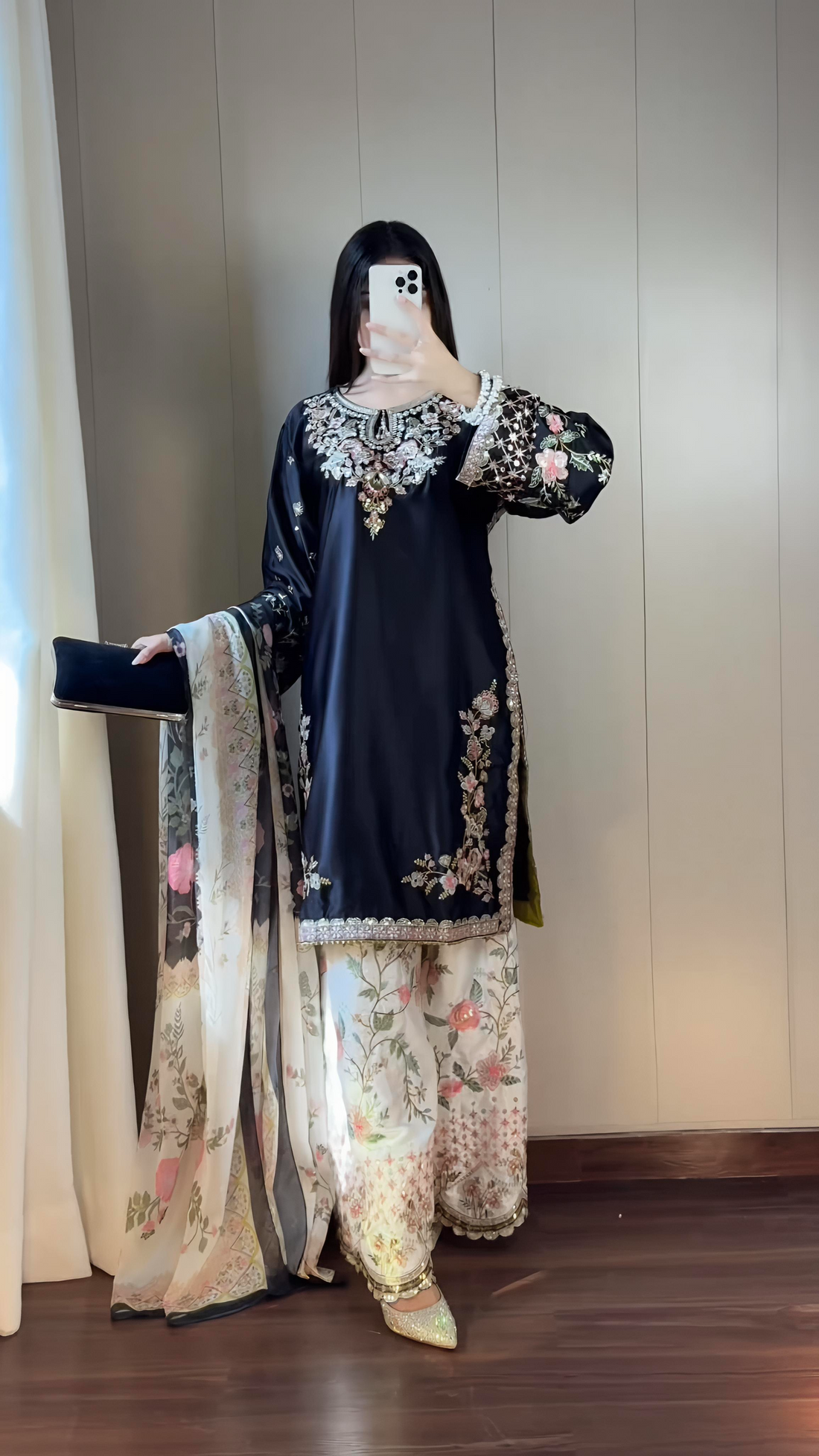 Crimson black silk embellished