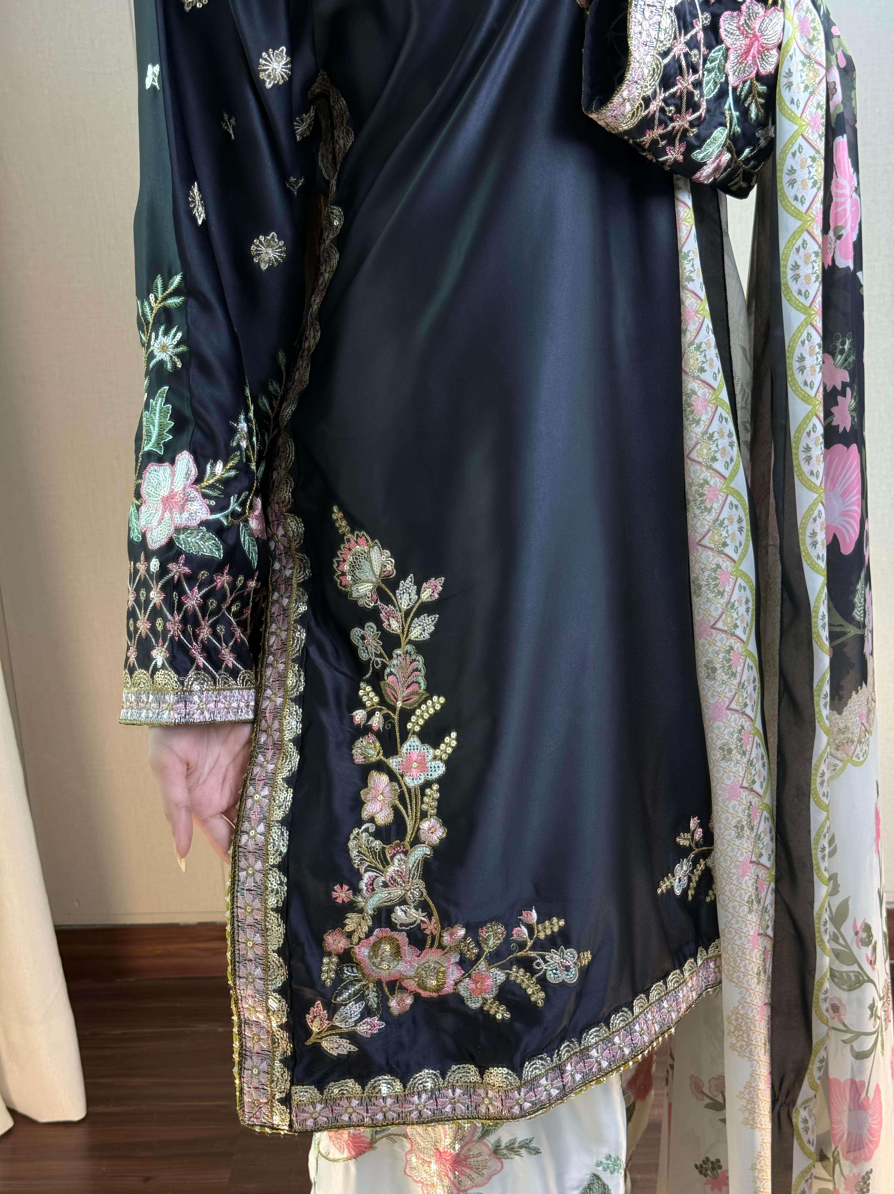 Crimson black silk embellished