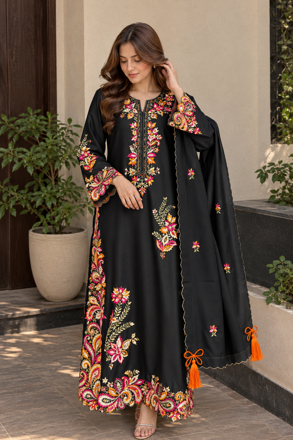 Mirror Midnight black kaftan with colourful floral embroidery and a matching dupatta with orange tassels, full-length view
