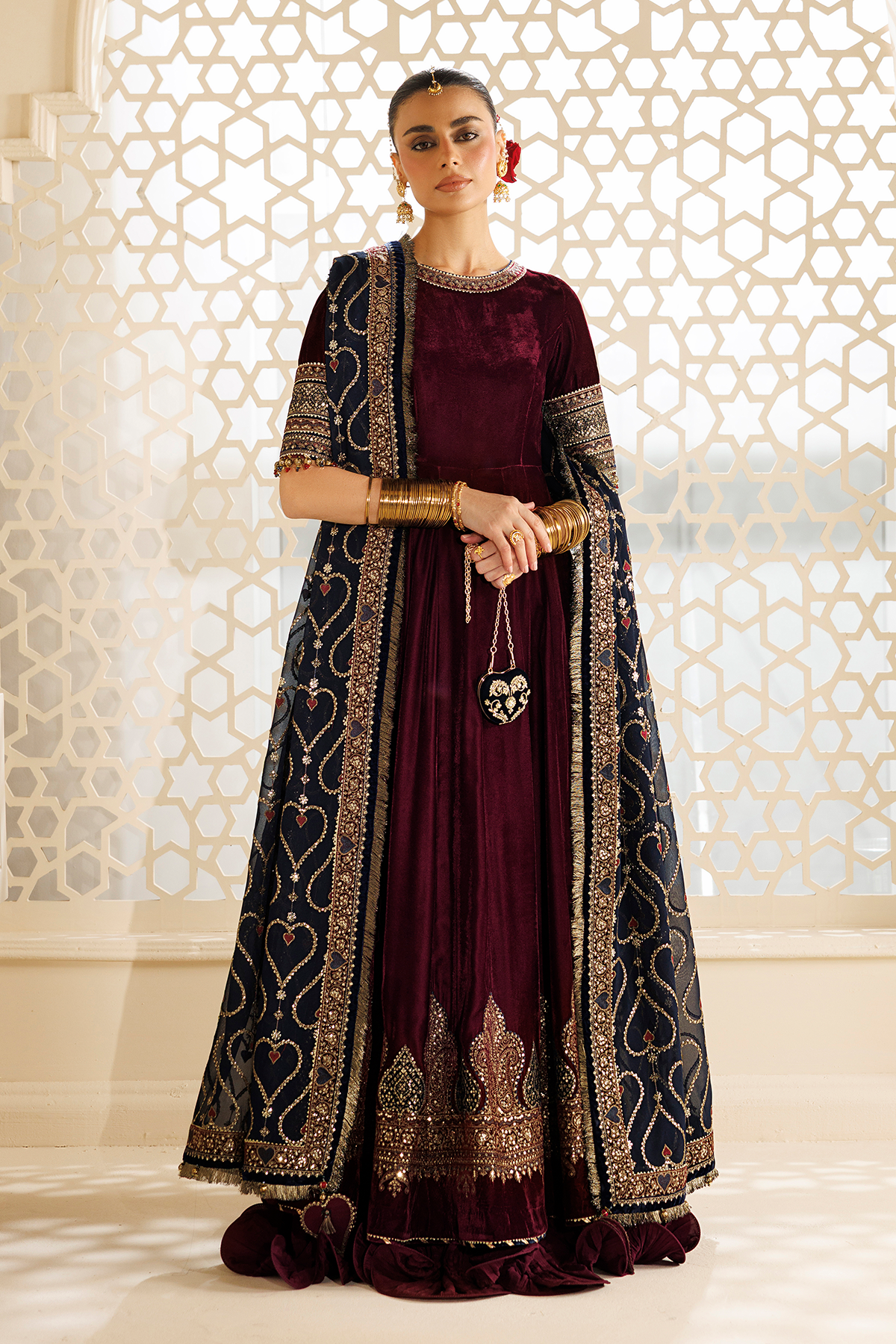 Jazmin Embroidered Velvet Formal Kalidaar Maxi - ZARYAB - Maroon & Teal