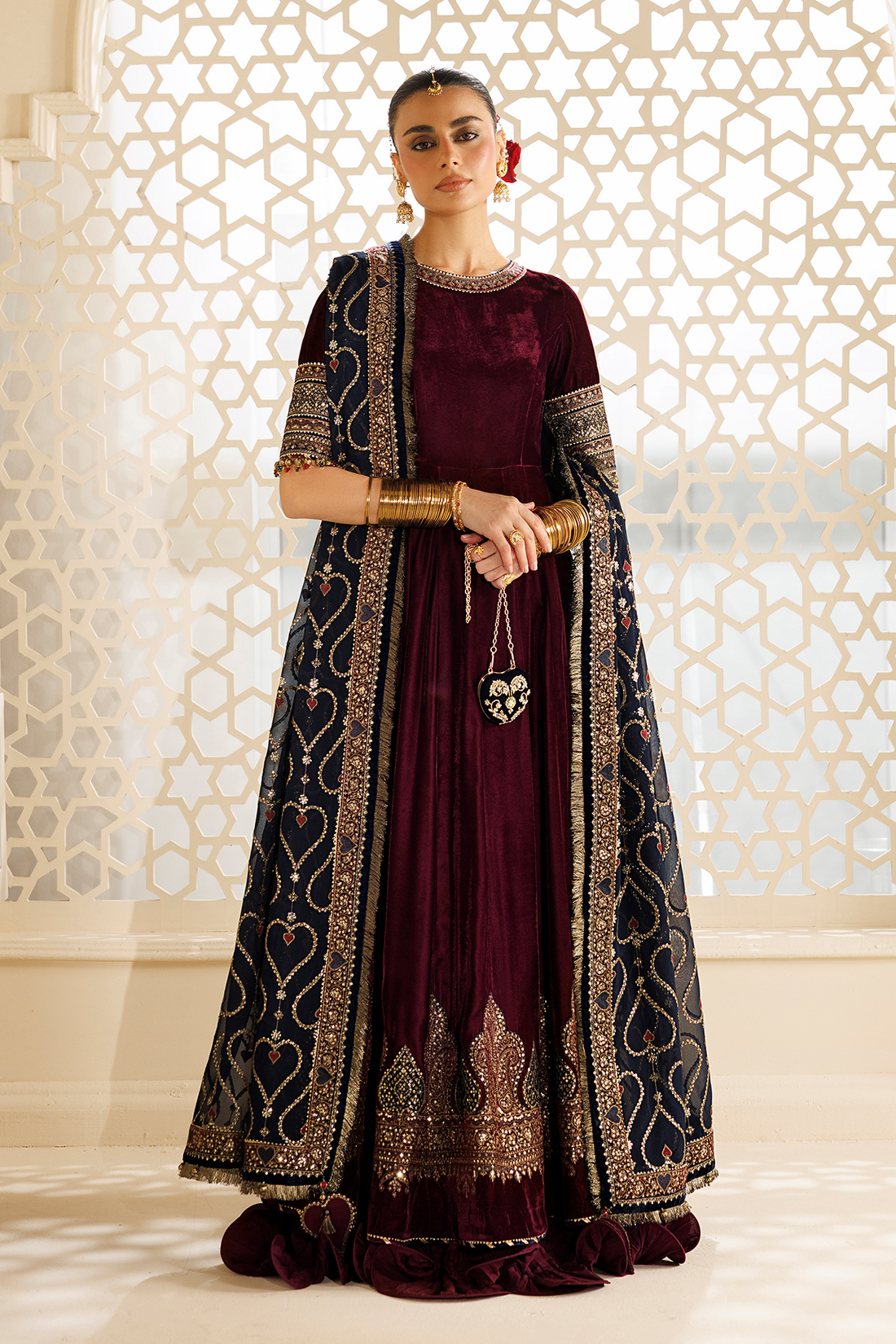 Jazmin Embroidered Velvet Formal Kalidaar Maxi - ZARYAB - Maroon & Teal