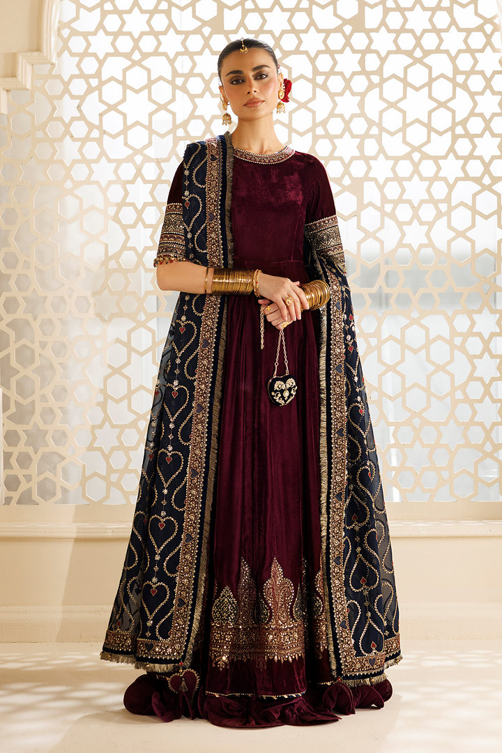 Jazmin Embroidered Velvet Formal Kalidaar Maxi - ZARYAB - Maroon & Teal