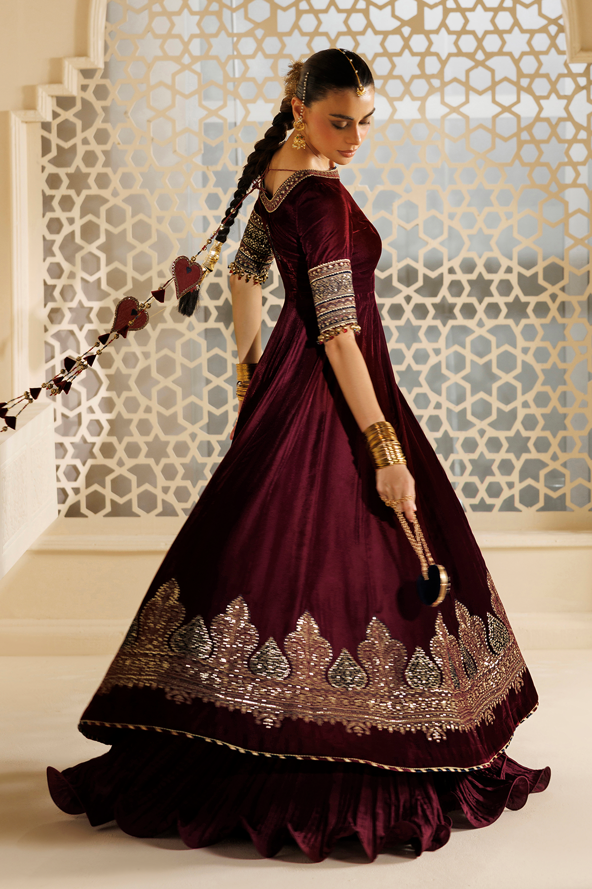 Jazmin Embroidered Velvet Formal Kalidaar Maxi - ZARYAB - Maroon & Teal