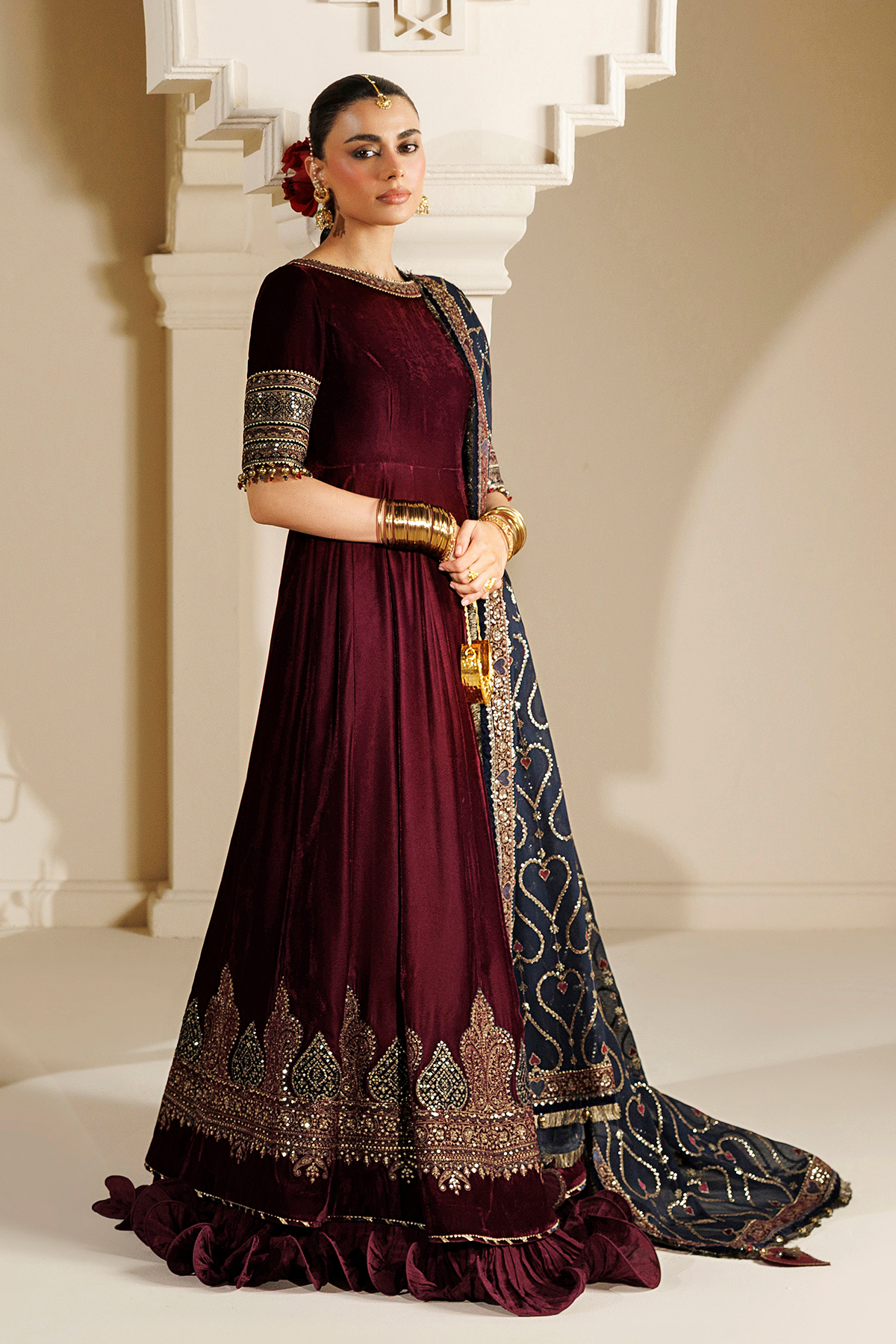 Jazmin Embroidered Velvet Formal Kalidaar Maxi - ZARYAB - Maroon & Teal