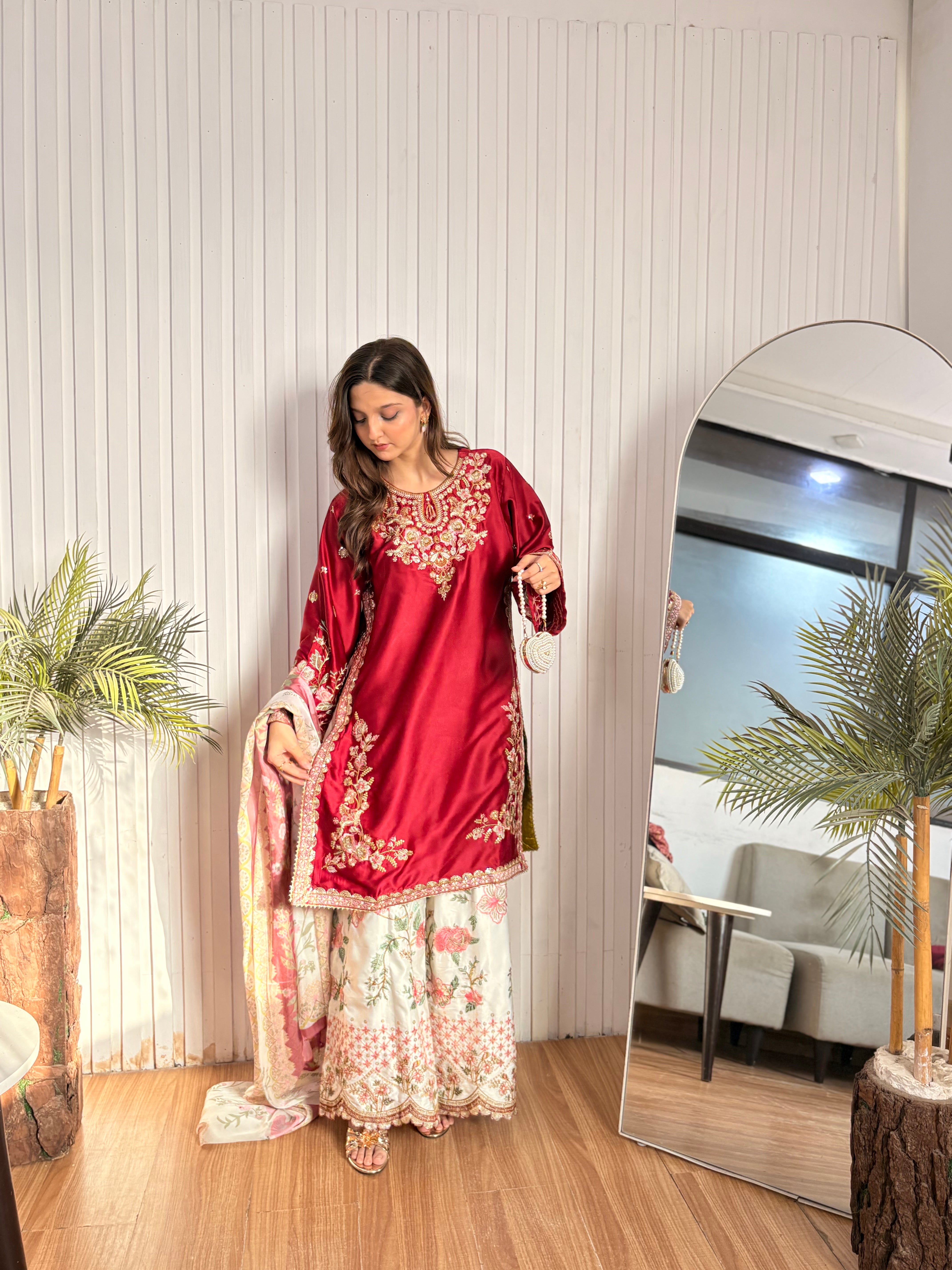 Crimson blossom silk embellished