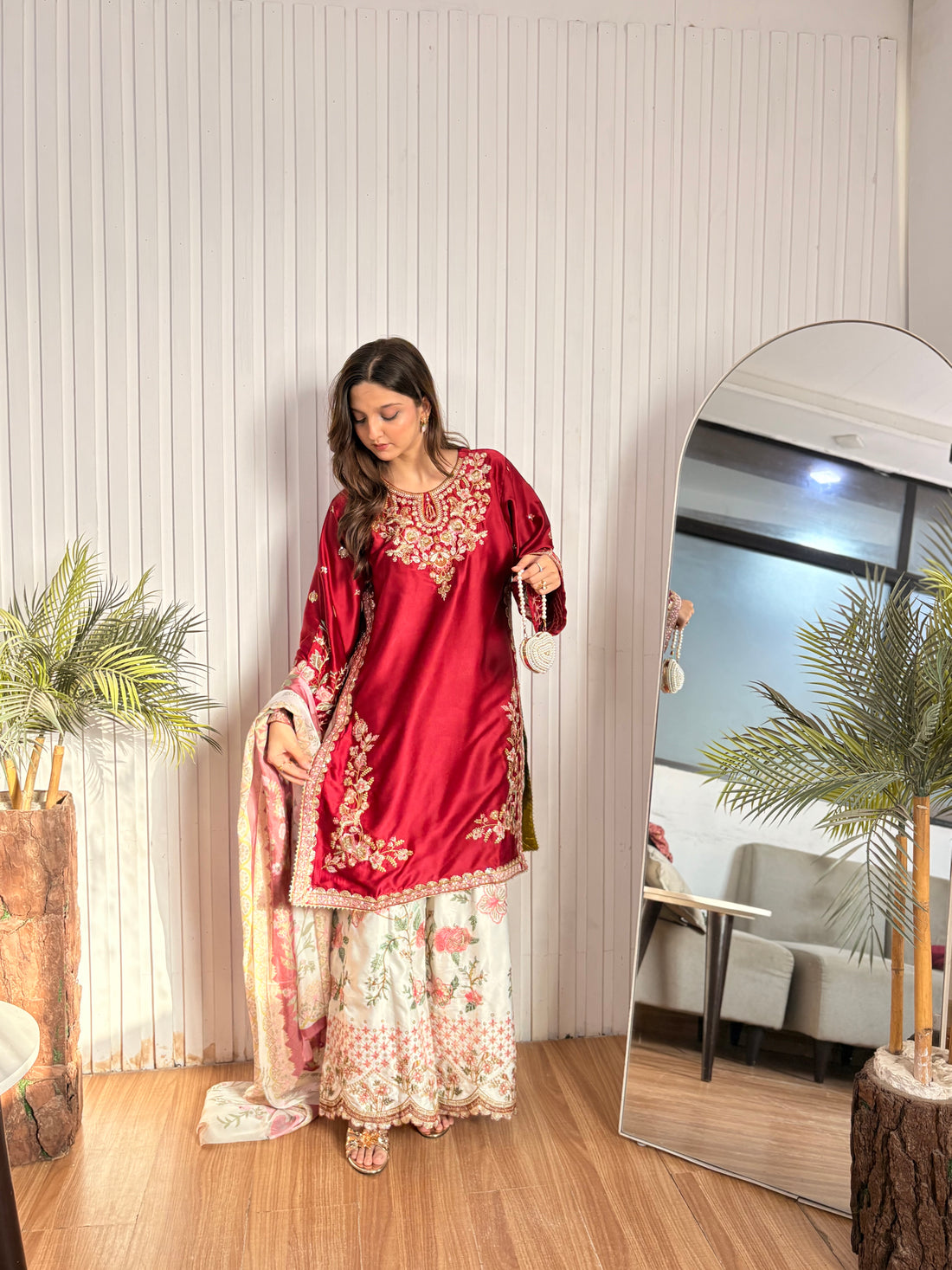 Crimson blossom silk embellished
