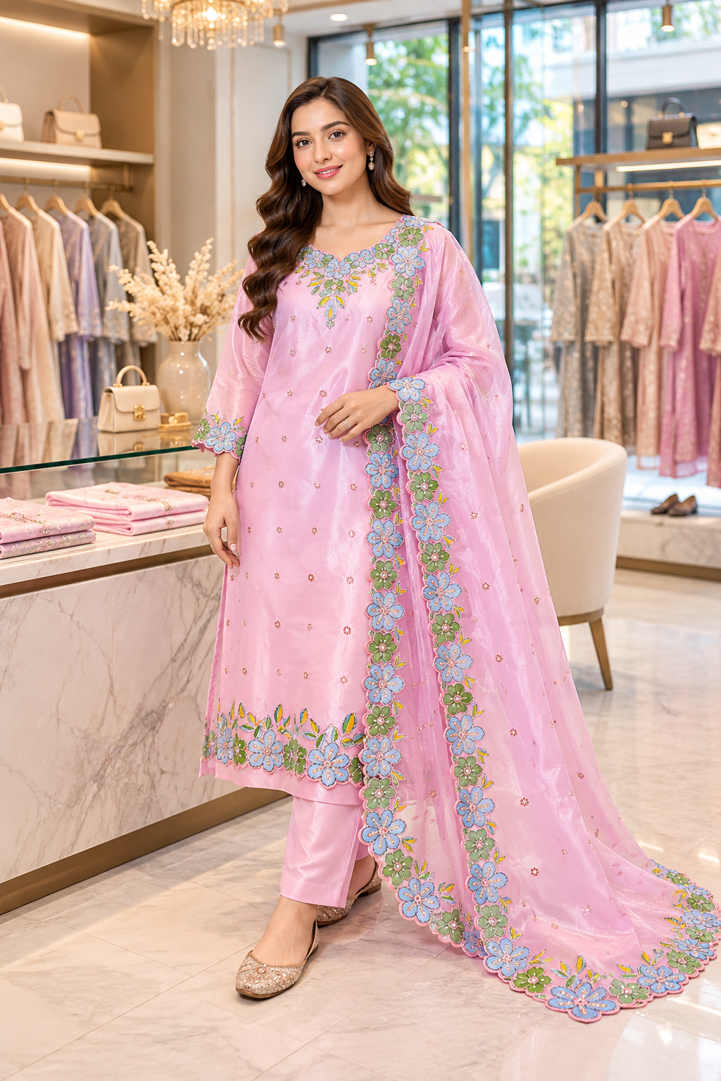 Floral Pink Sheesha silk outfit with blue and green floral embroidery, pink trousers and a matching dupatta with a wide floral border