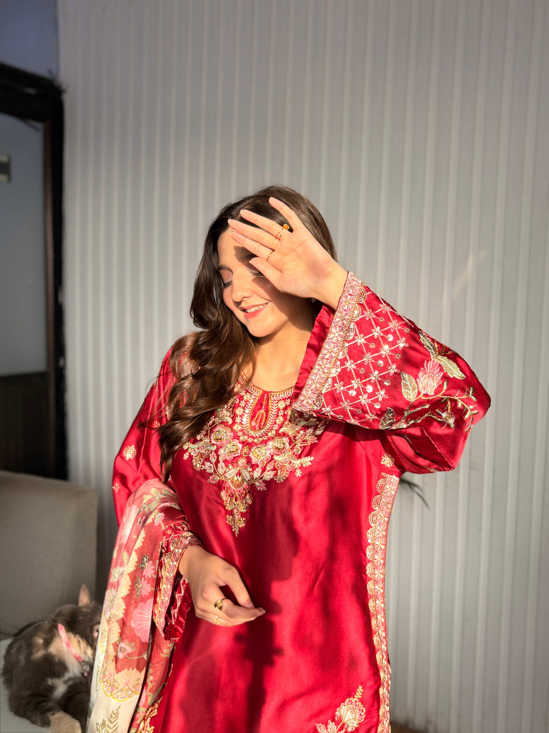 Crimson blossom silk embellished