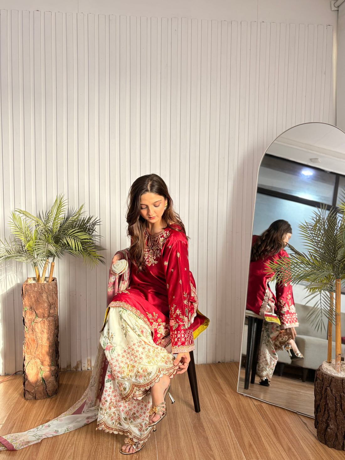 Crimson blossom silk embellished