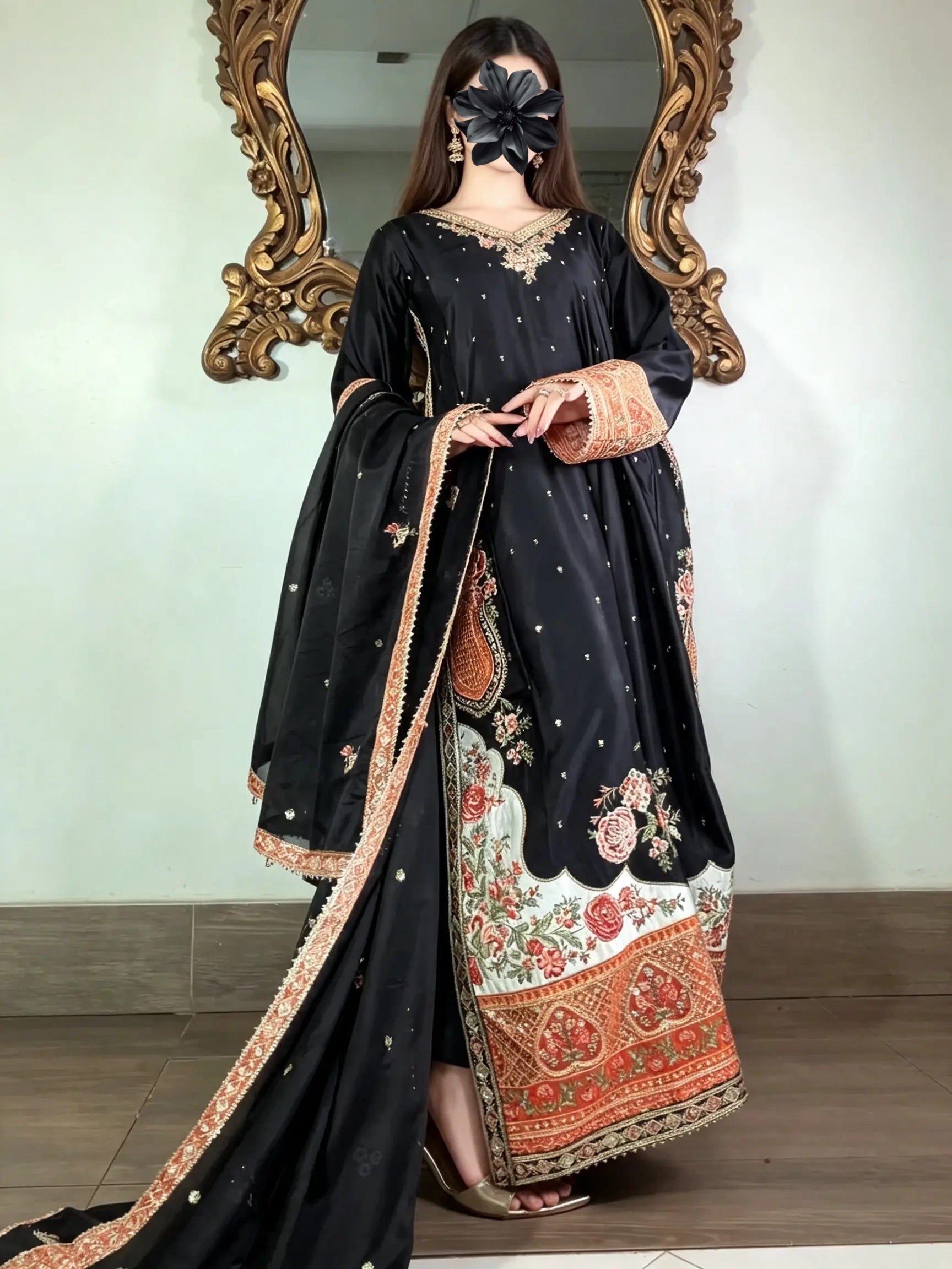 Black flower ethnic kaftan