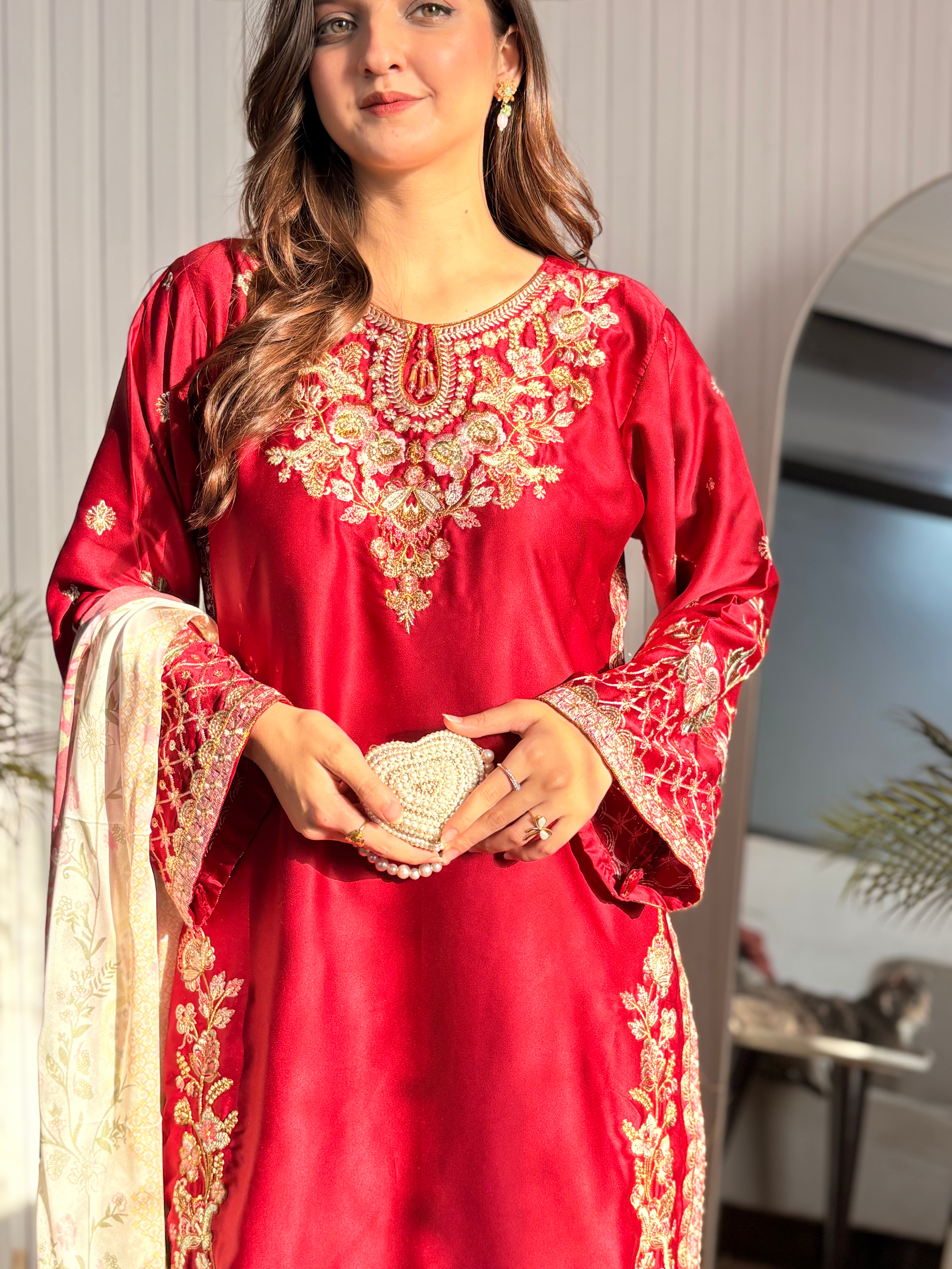 Crimson blossom silk embellished