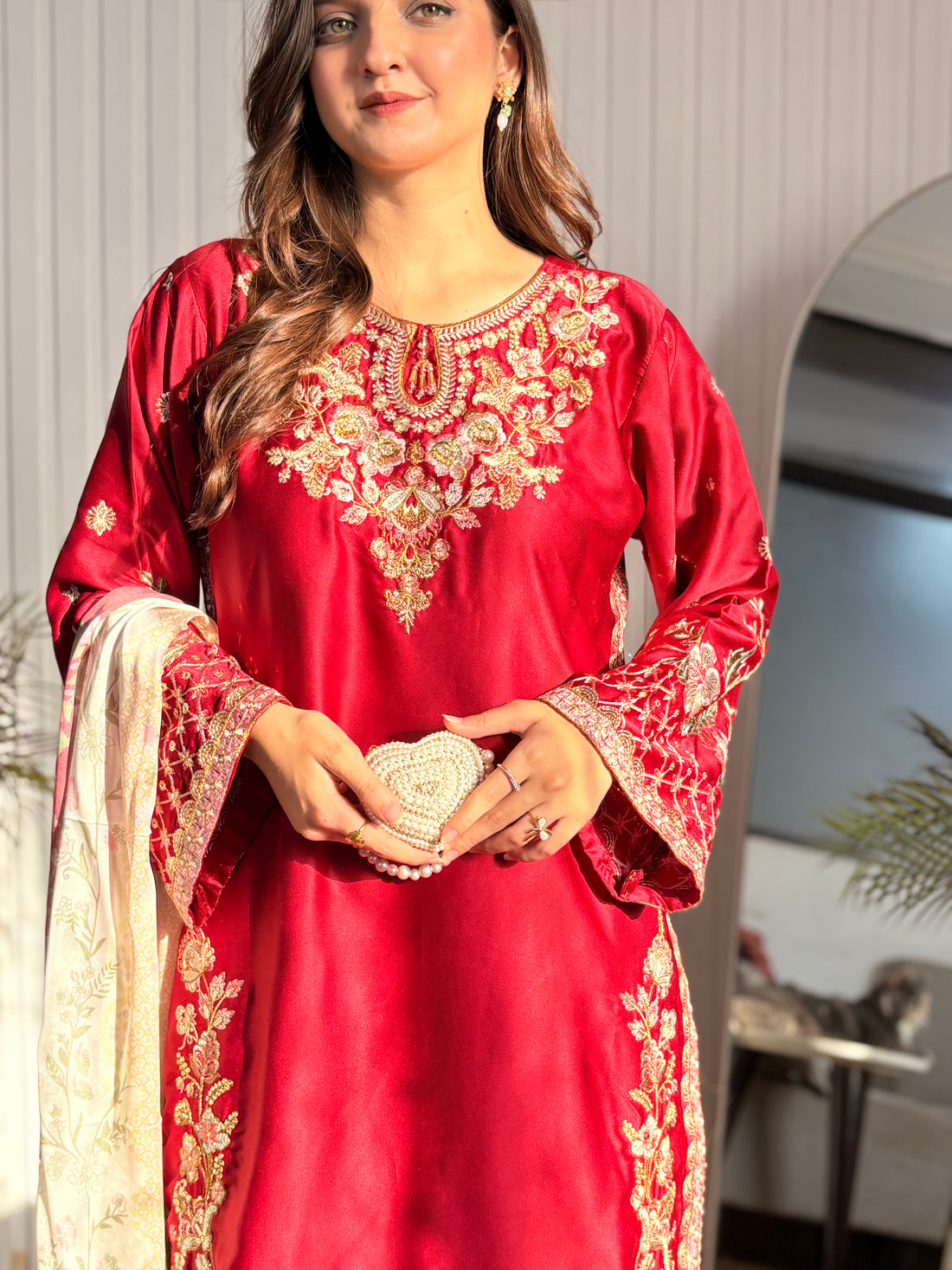 Crimson blossom silk embellished