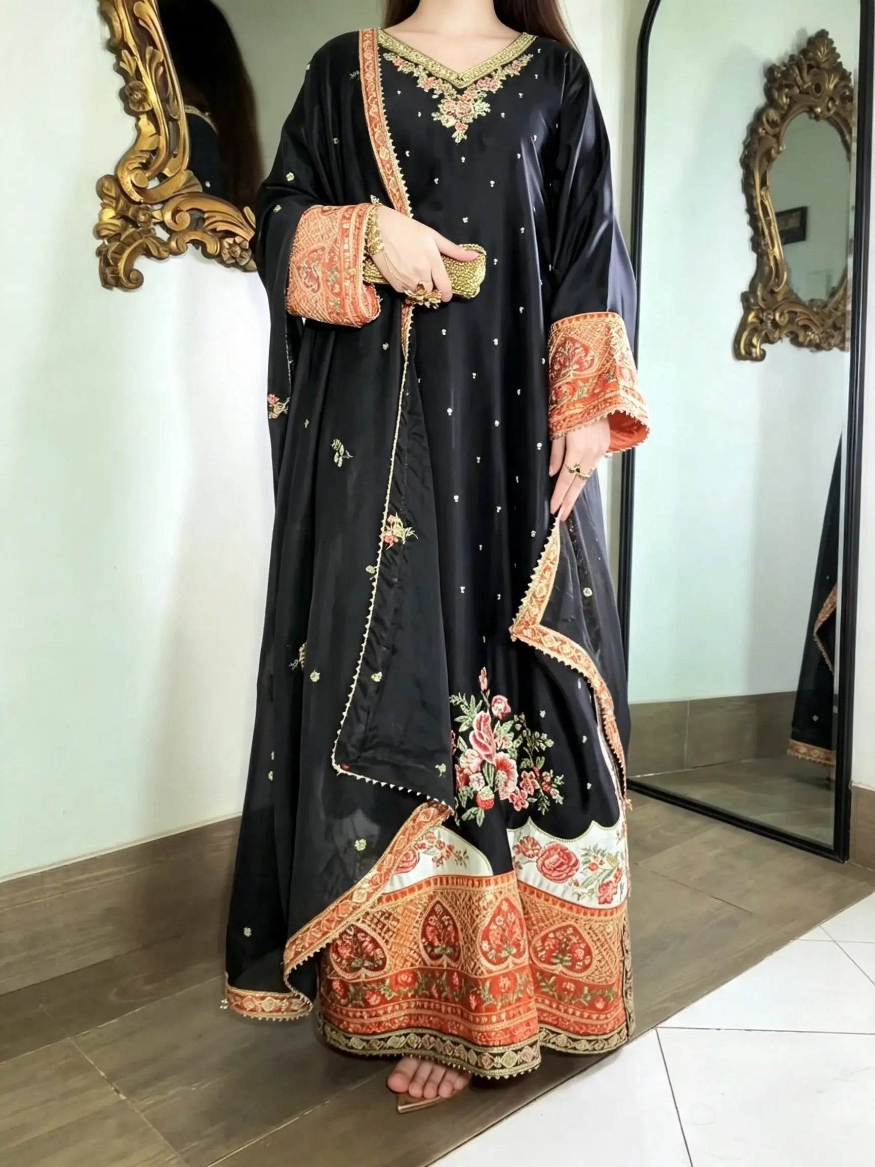 Black flower ethnic kaftan