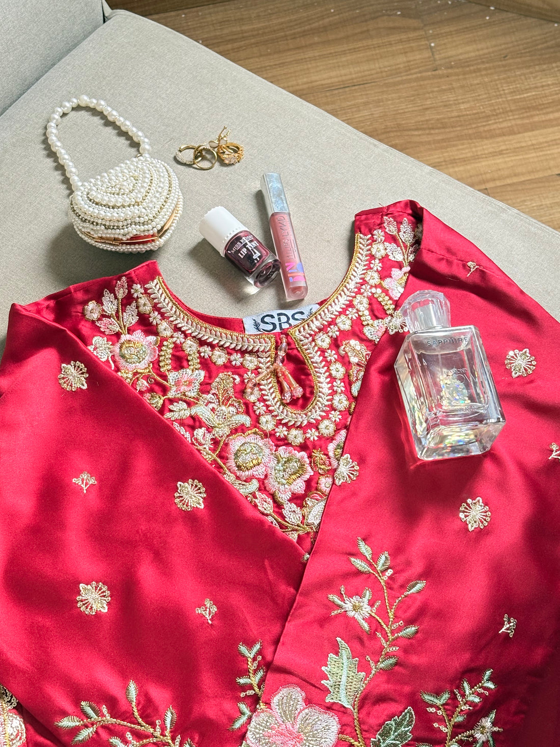 Crimson blossom silk embellished