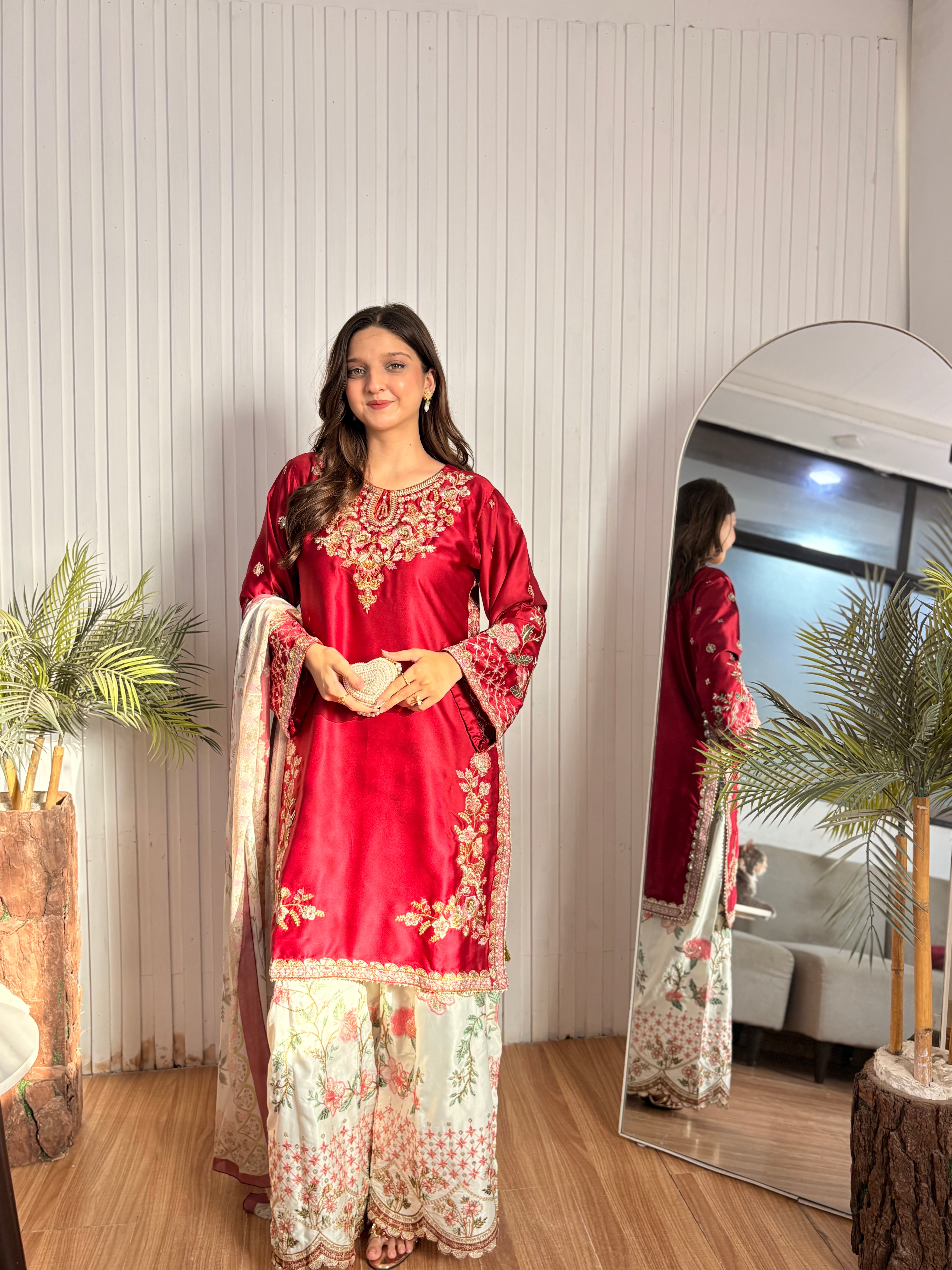 Crimson blossom silk embellished