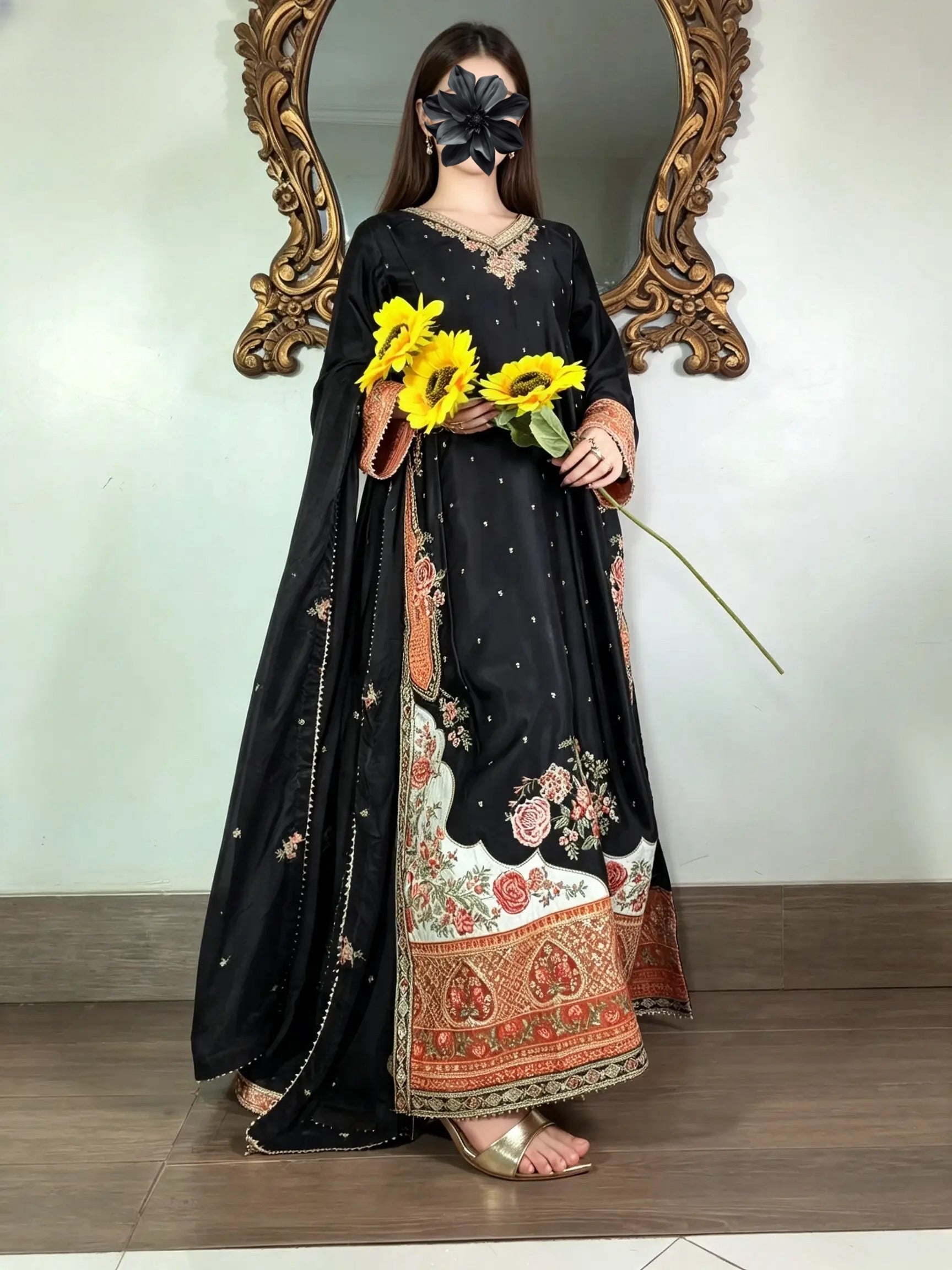 Black flower ethnic kaftan