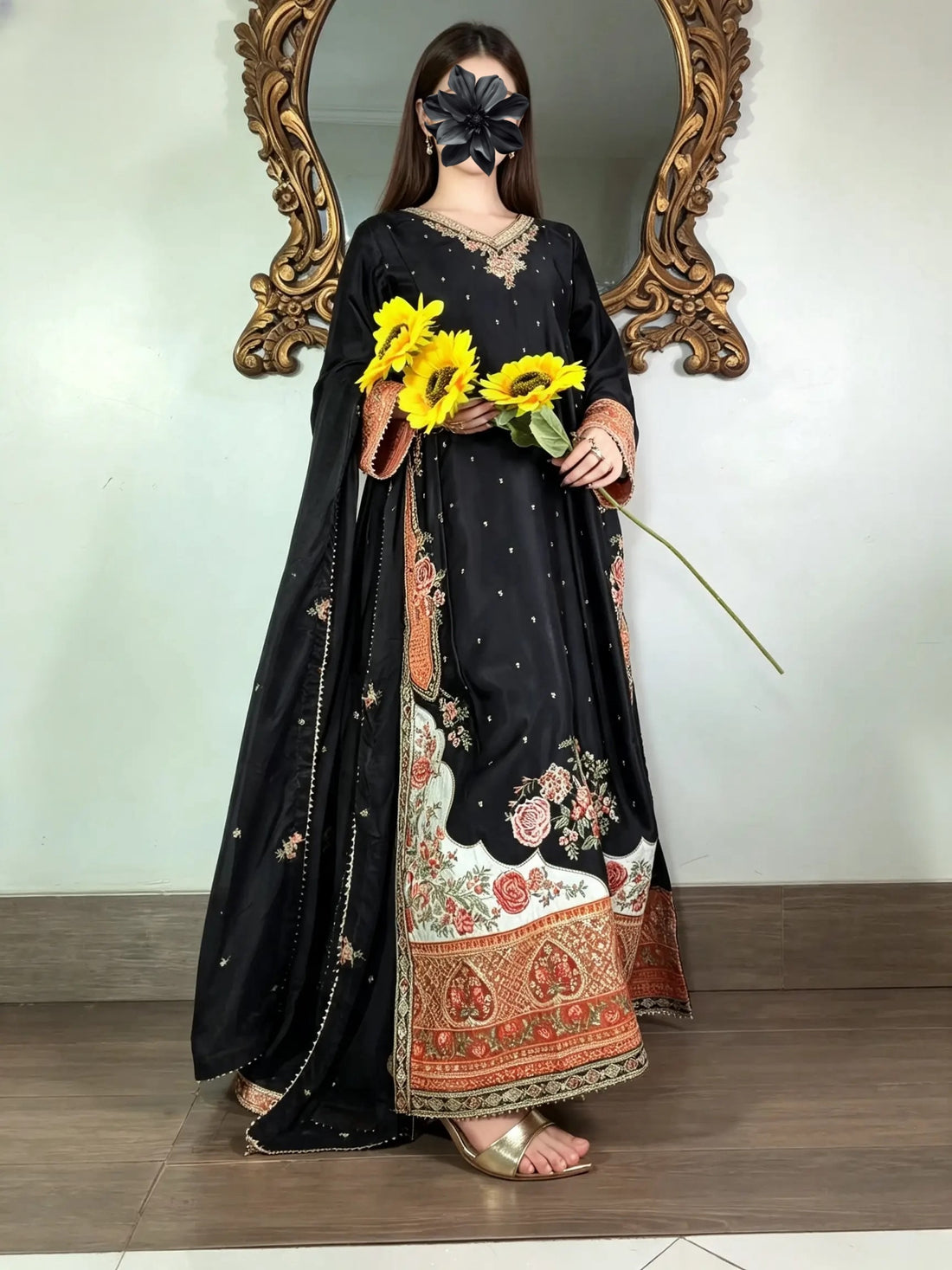 Black flower ethnic kaftan