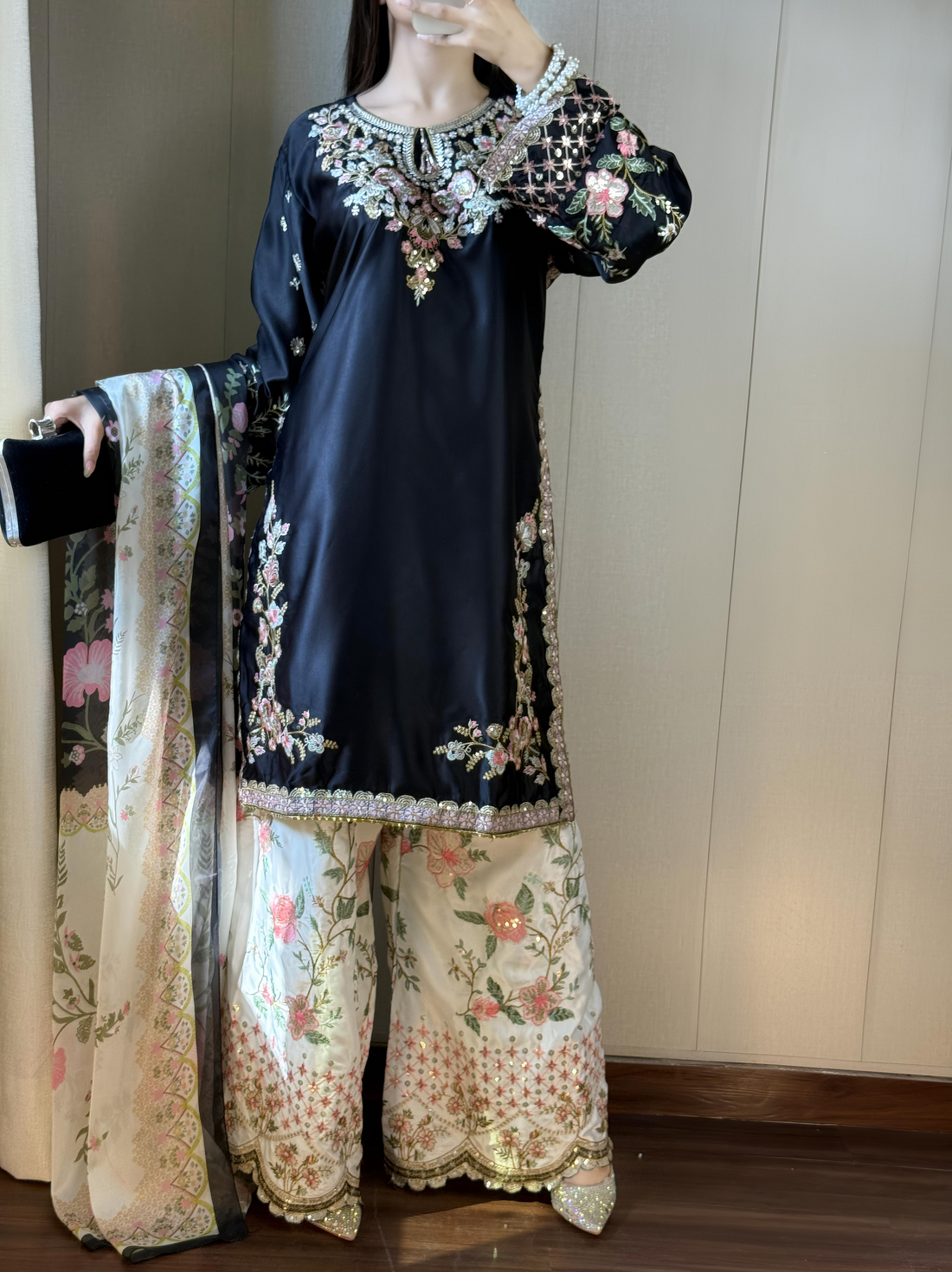 Crimson black silk embellished