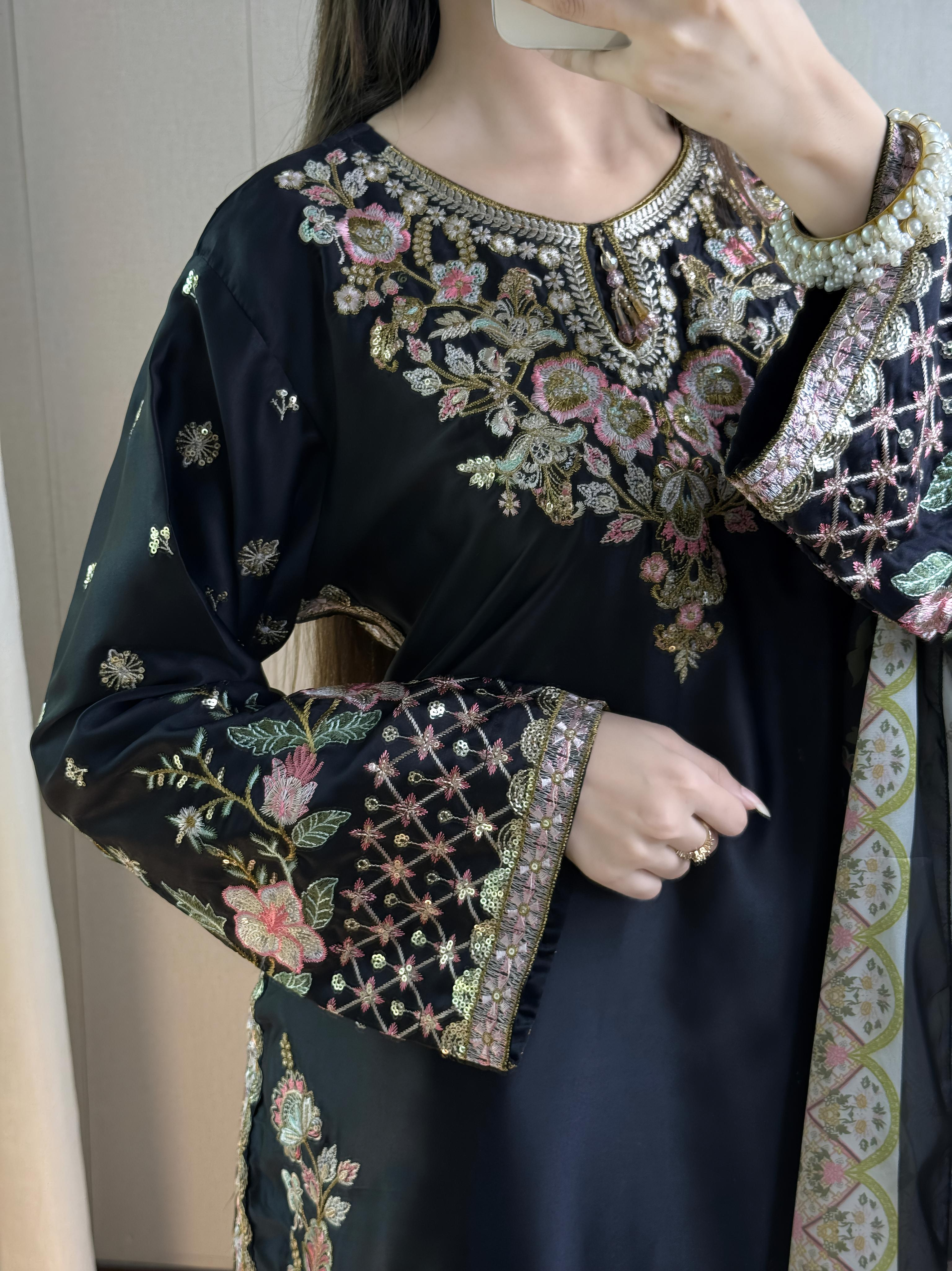 Crimson black silk embellished
