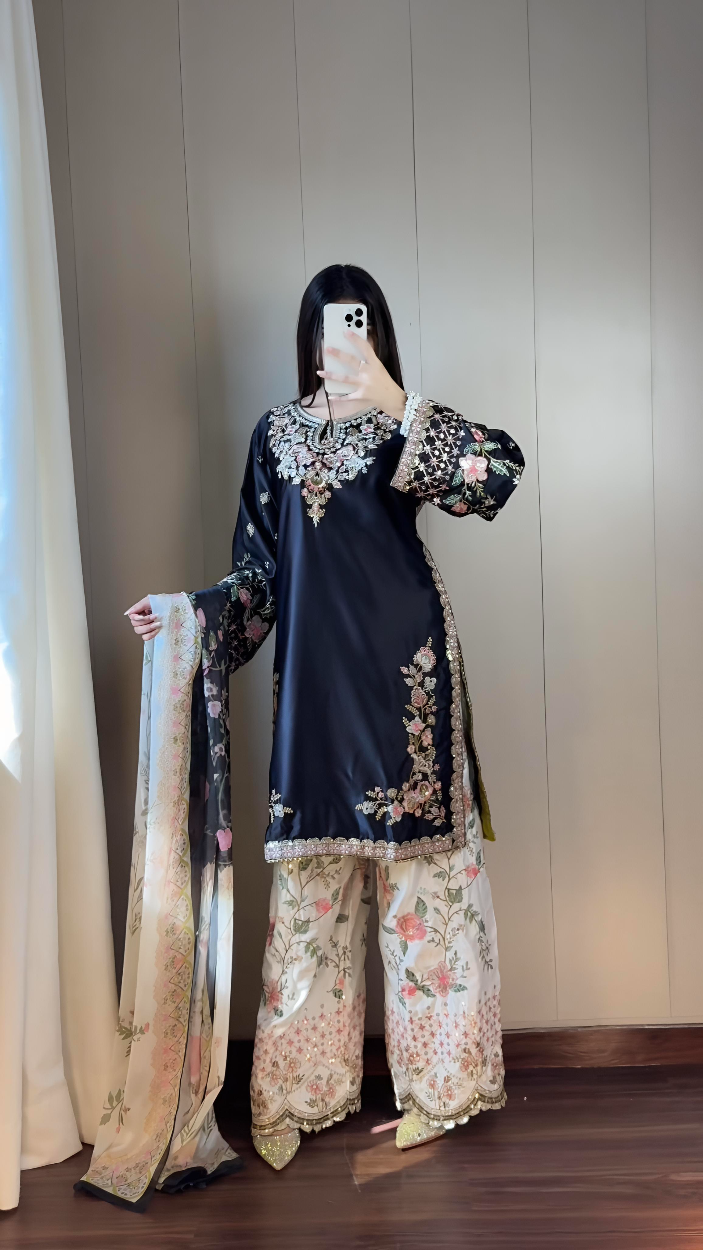 Crimson black silk embellished