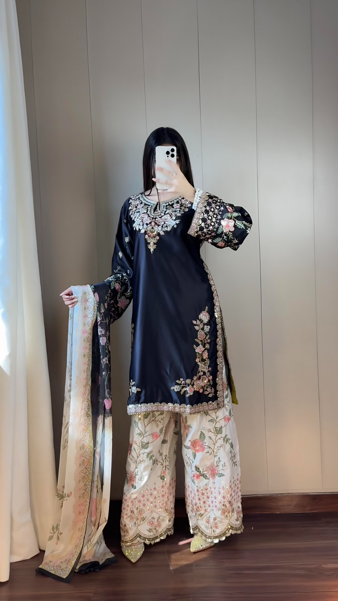 Crimson black silk embellished