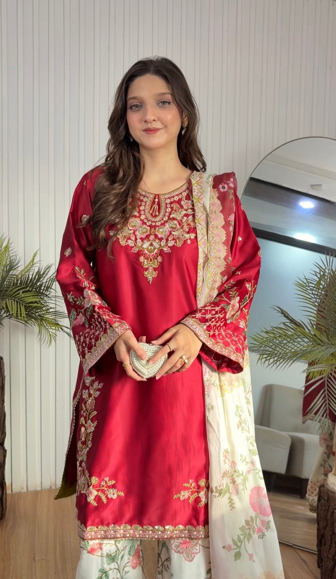 Crimson blossom silk embellished