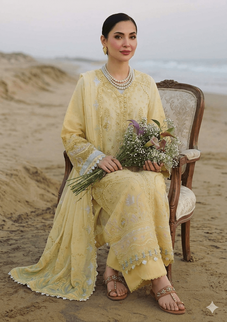 Qalamkar Lawn - Butter yellowing