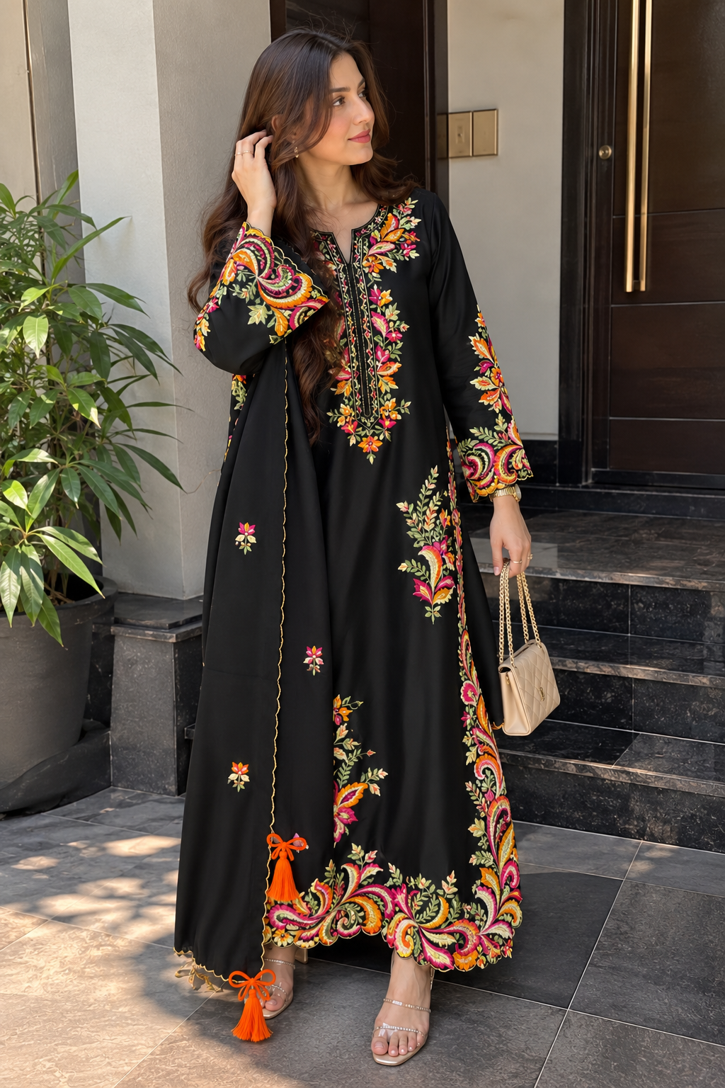 Full-length Mirror Midnight black kaftan on stone steps, showing colourful embroidery around the neckline, cuffs and hem