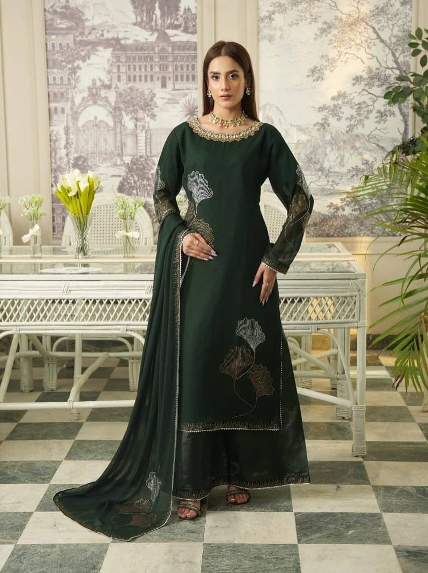Bottle green Chiffon Iron stone Partywear