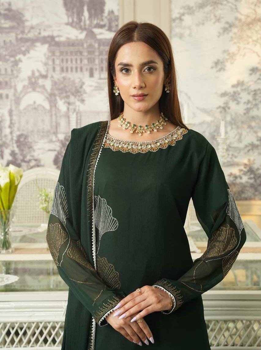 Bottle green Chiffon Iron stone Partywear
