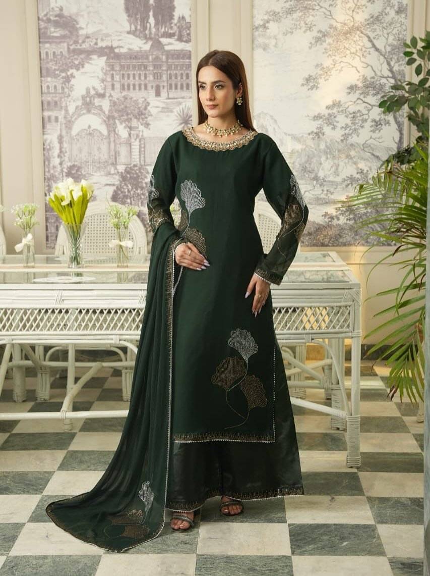 Bottle green Chiffon Iron stone Partywear