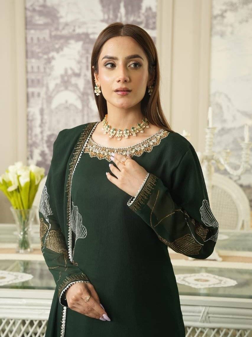 Bottle green Chiffon Iron stone Partywear