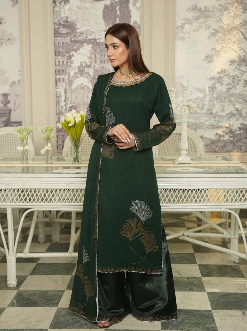 Bottle green Chiffon Iron stone Partywear