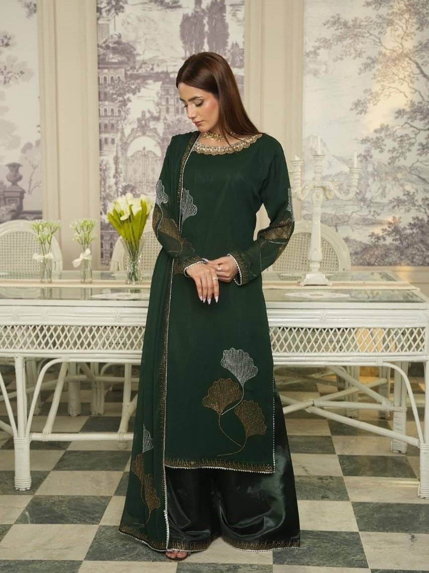 Bottle green Chiffon Iron stone Partywear