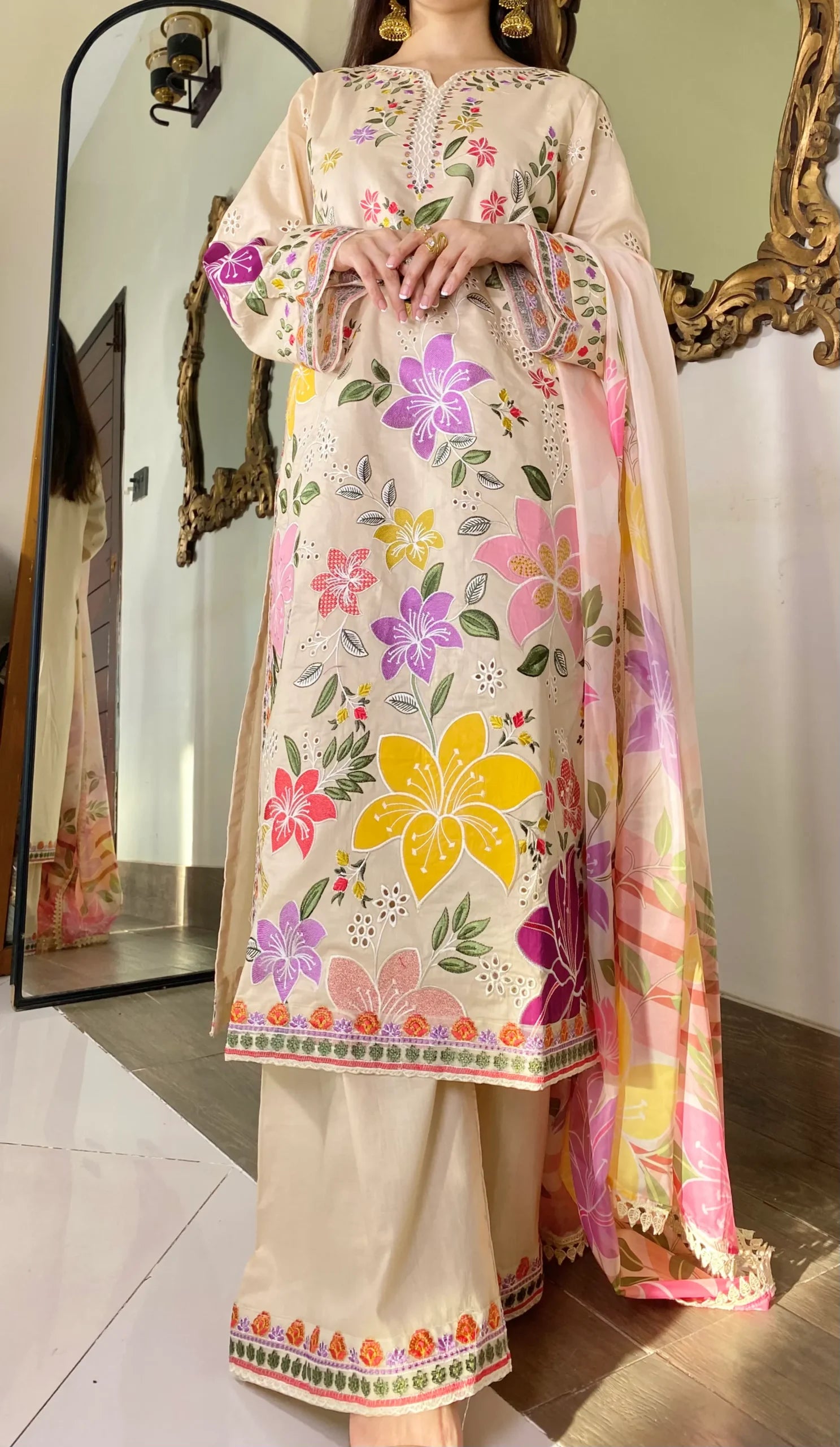 Aneelas cream multi lawn