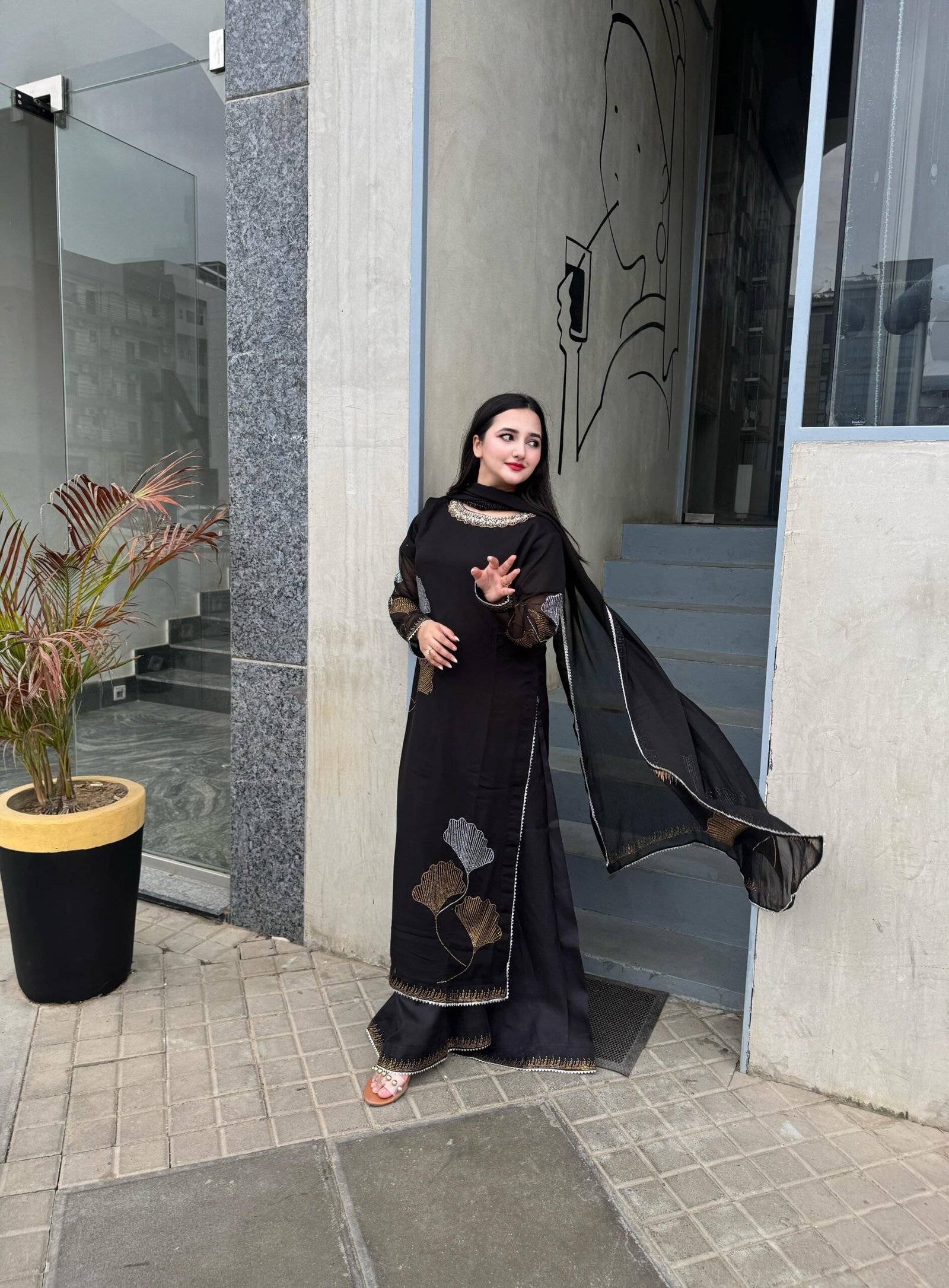 Black Chiffon Iron stone Partywear