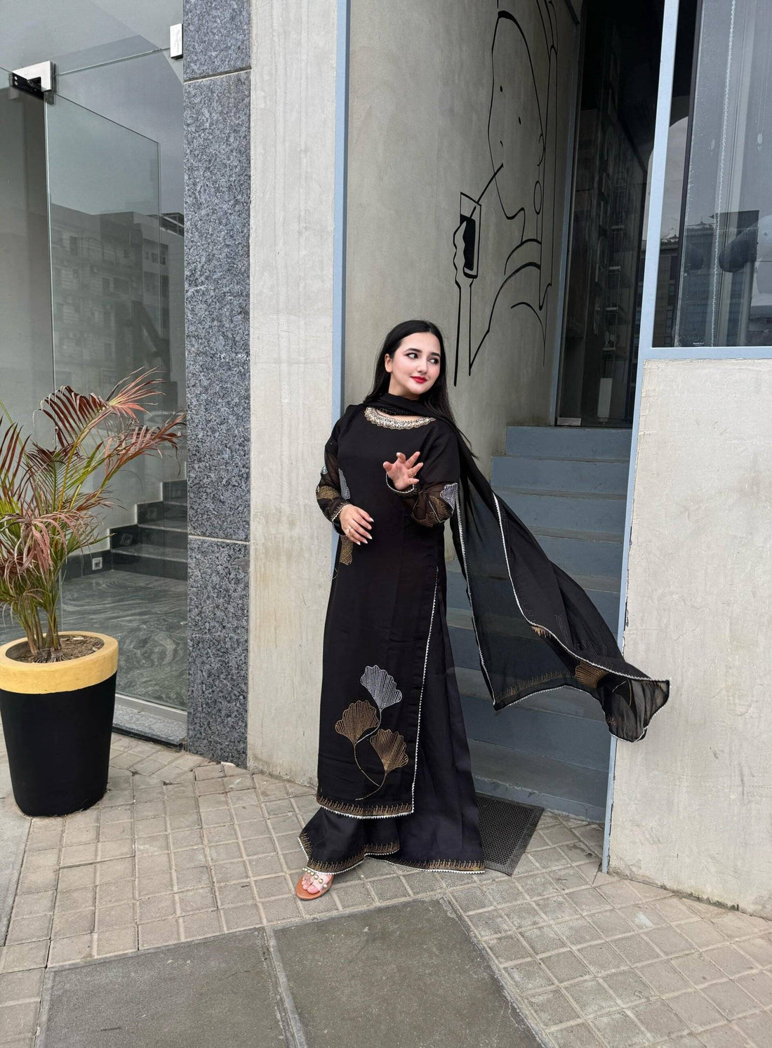 Black Chiffon Iron stone Partywear