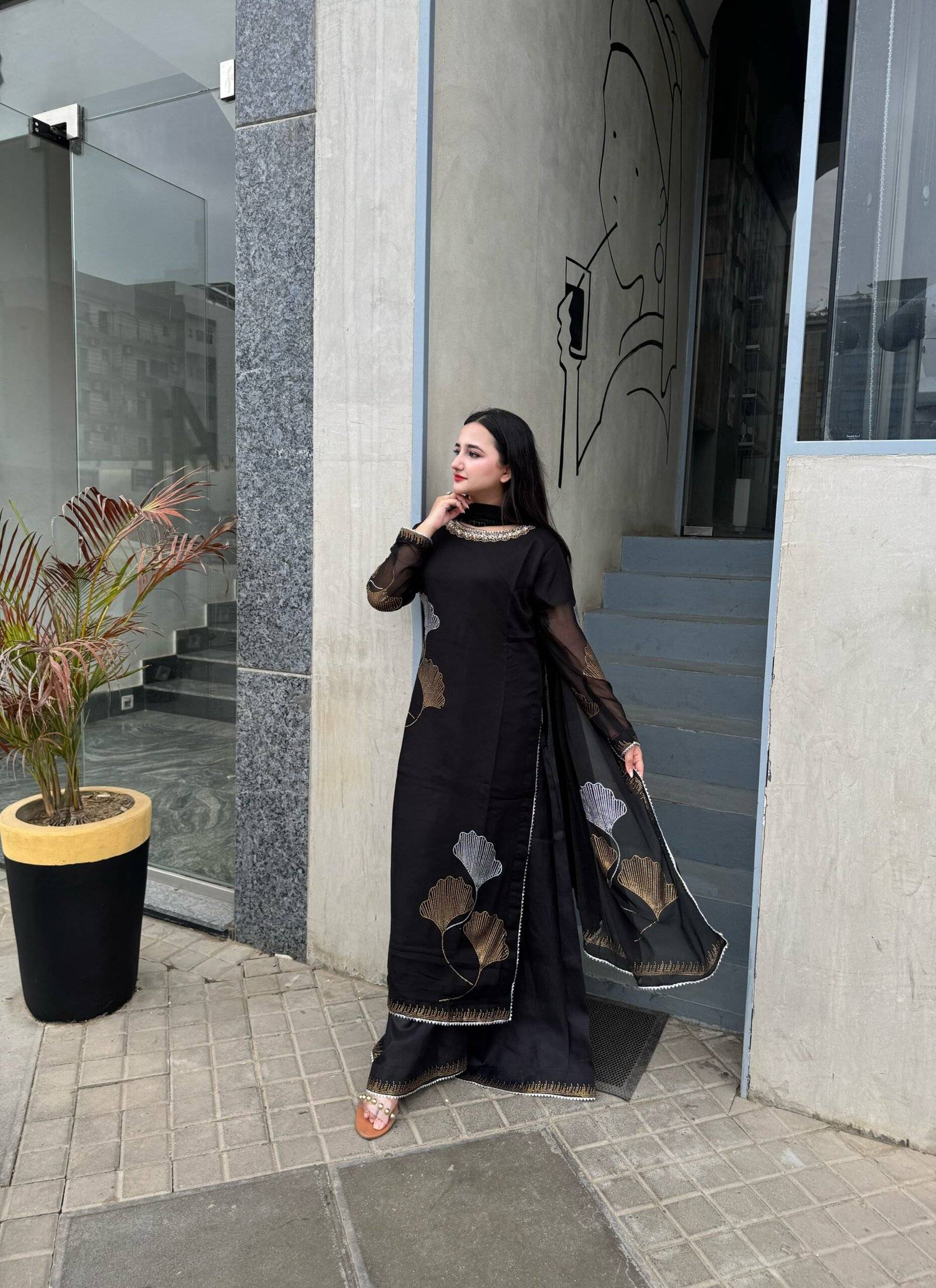 Black Chiffon Iron stone Partywear