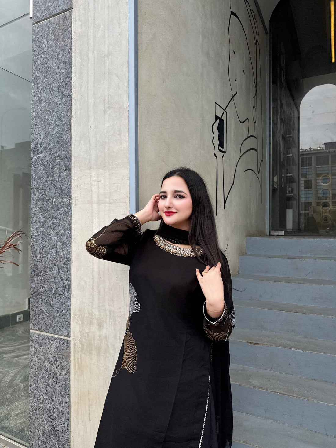 Black Chiffon Iron stone Partywear