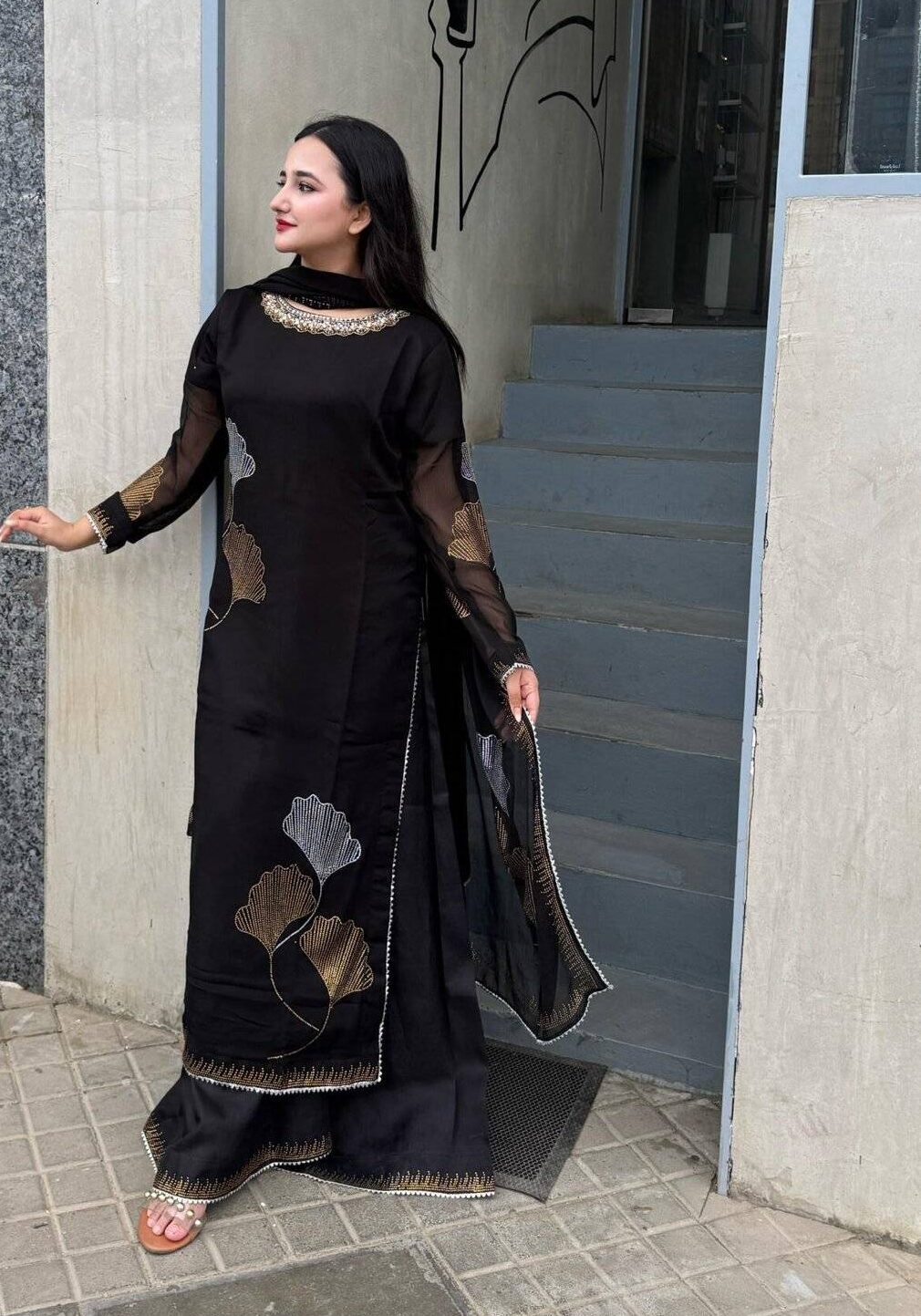 Black Chiffon Iron stone Partywear