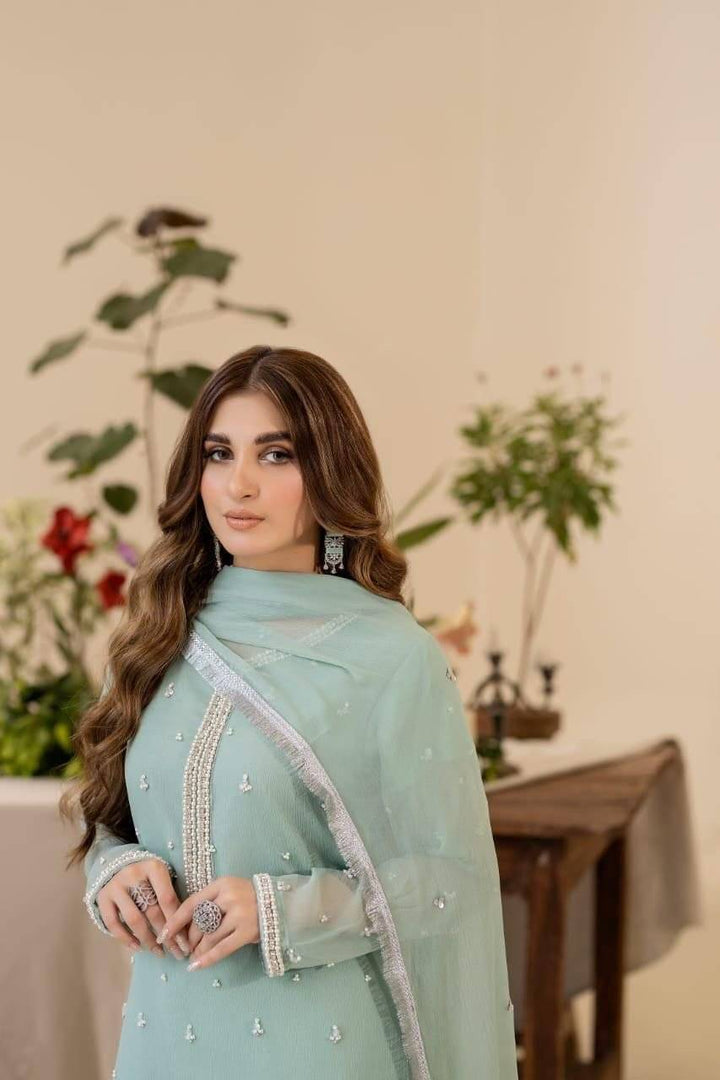 Minty Green Pehnawa Pearls Chiffon Partywear