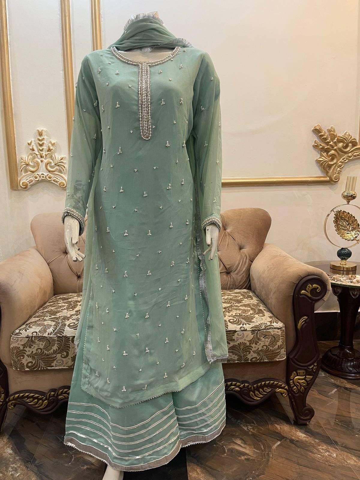 Minty Green Pehnawa Pearls Chiffon Partywear