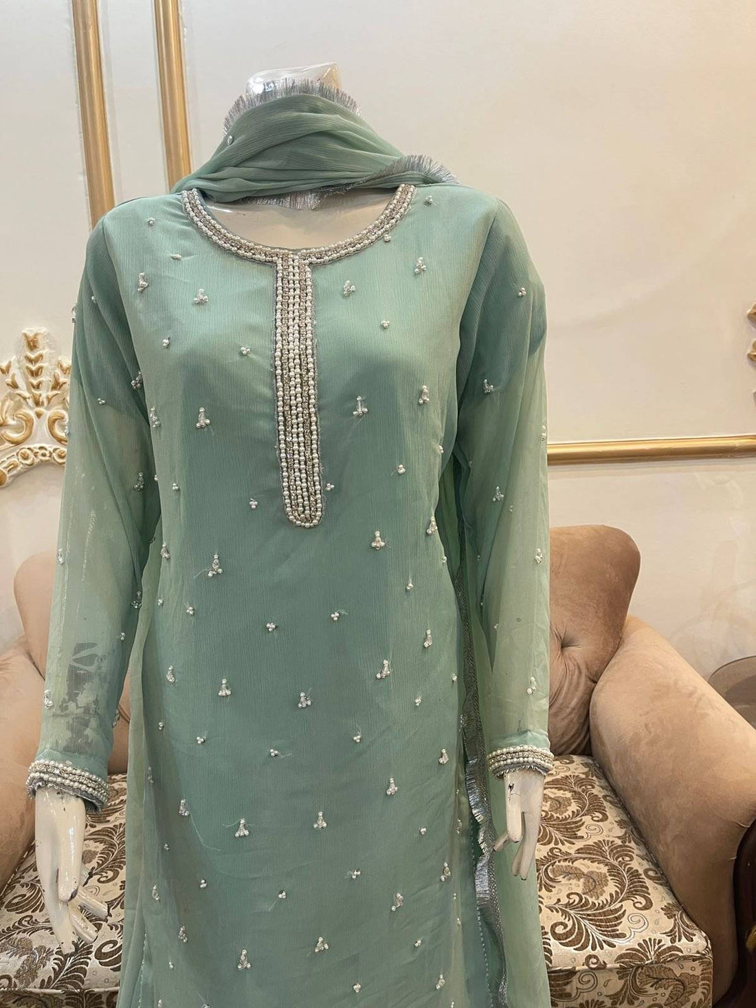 Minty Green Pehnawa Pearls Chiffon Partywear