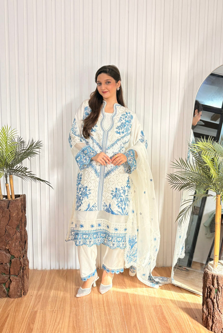 Lawn white blue cutwork pret