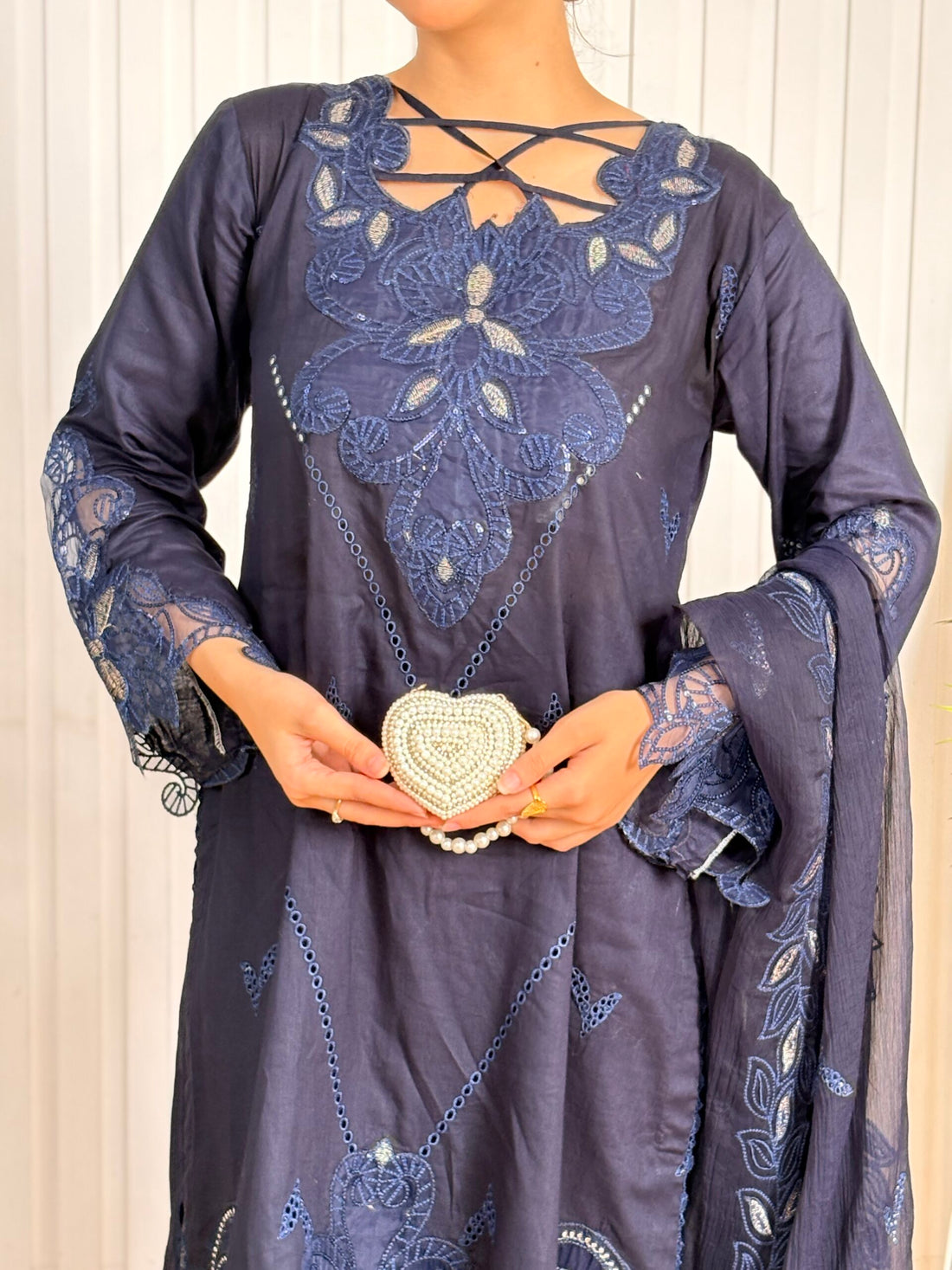 Navy blue emb cutwork lawn