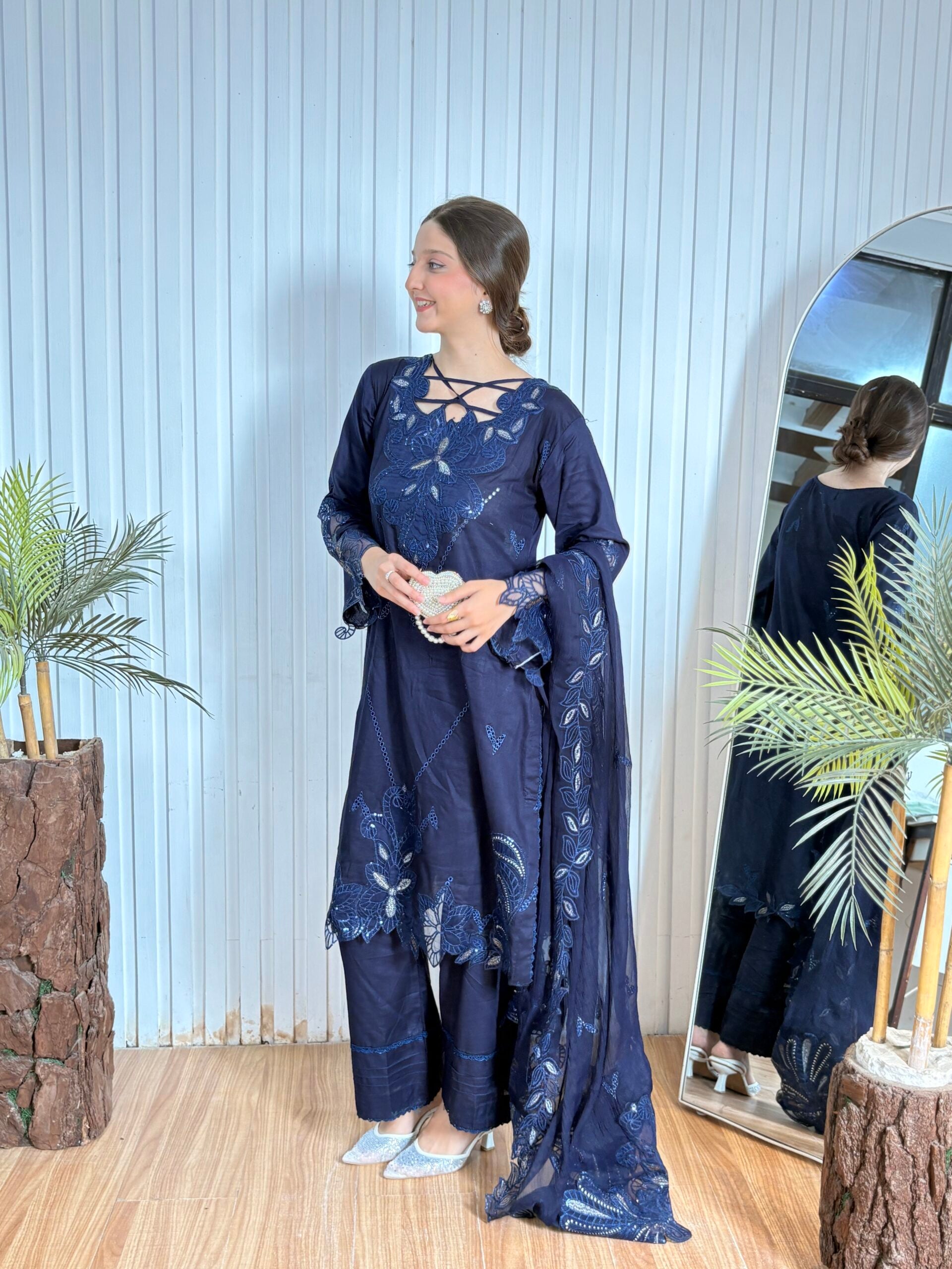 Navy blue emb cutwork lawn