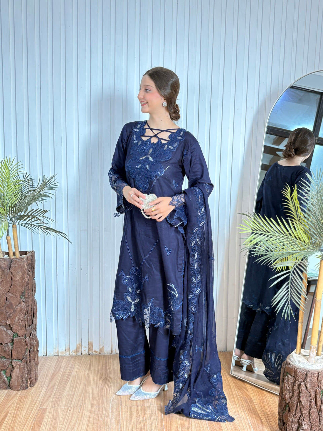 Navy blue emb cutwork lawn